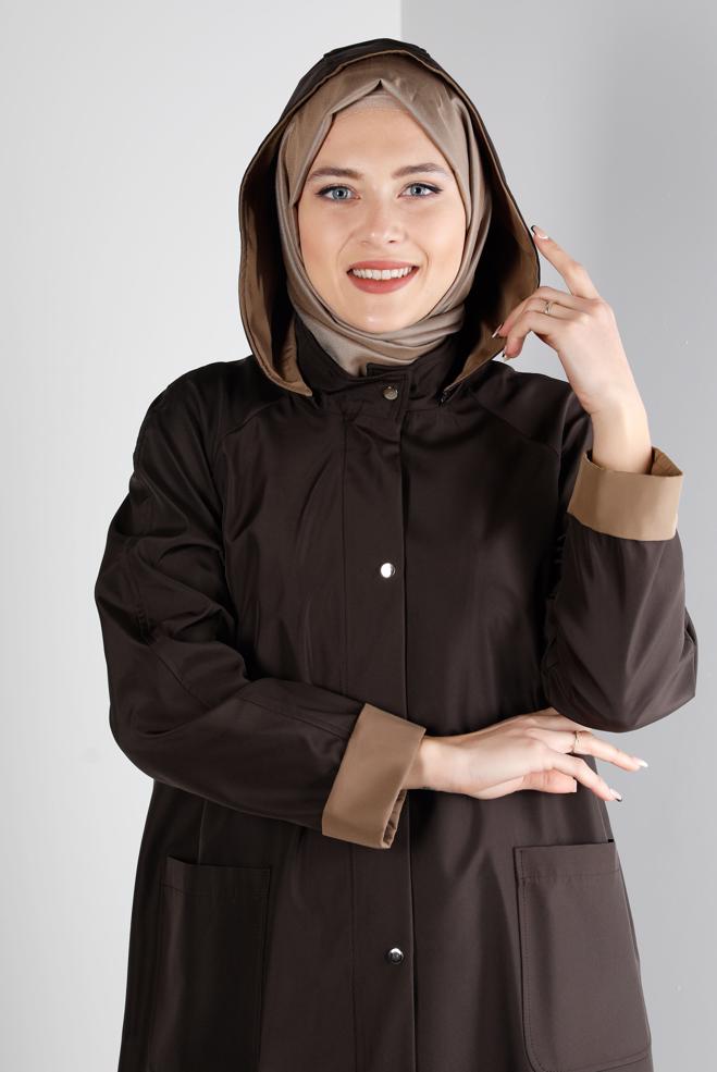 Hijab clothing BROWN HOODED TRENCHCOAT WITH POCKET DETAIL 10501 - ALVİNA