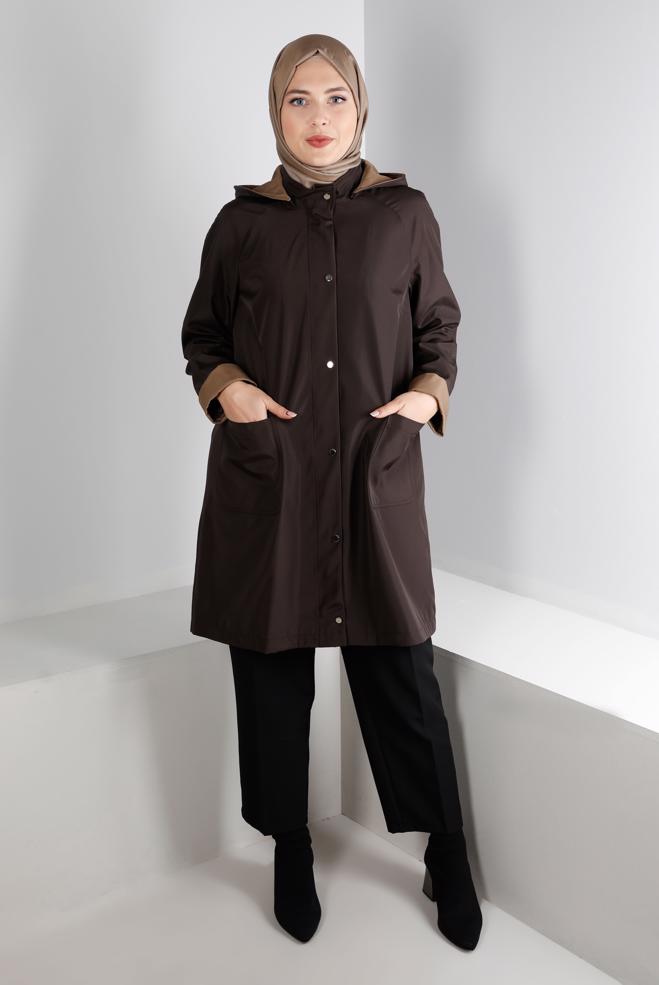 Hijab clothing BROWN HOODED TRENCHCOAT WITH POCKET DETAIL 10501 - ALVİNA