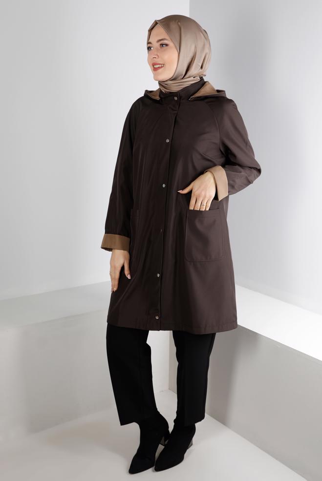 Hijab clothing BROWN HOODED TRENCHCOAT WITH POCKET DETAIL 10501 - ALVİNA