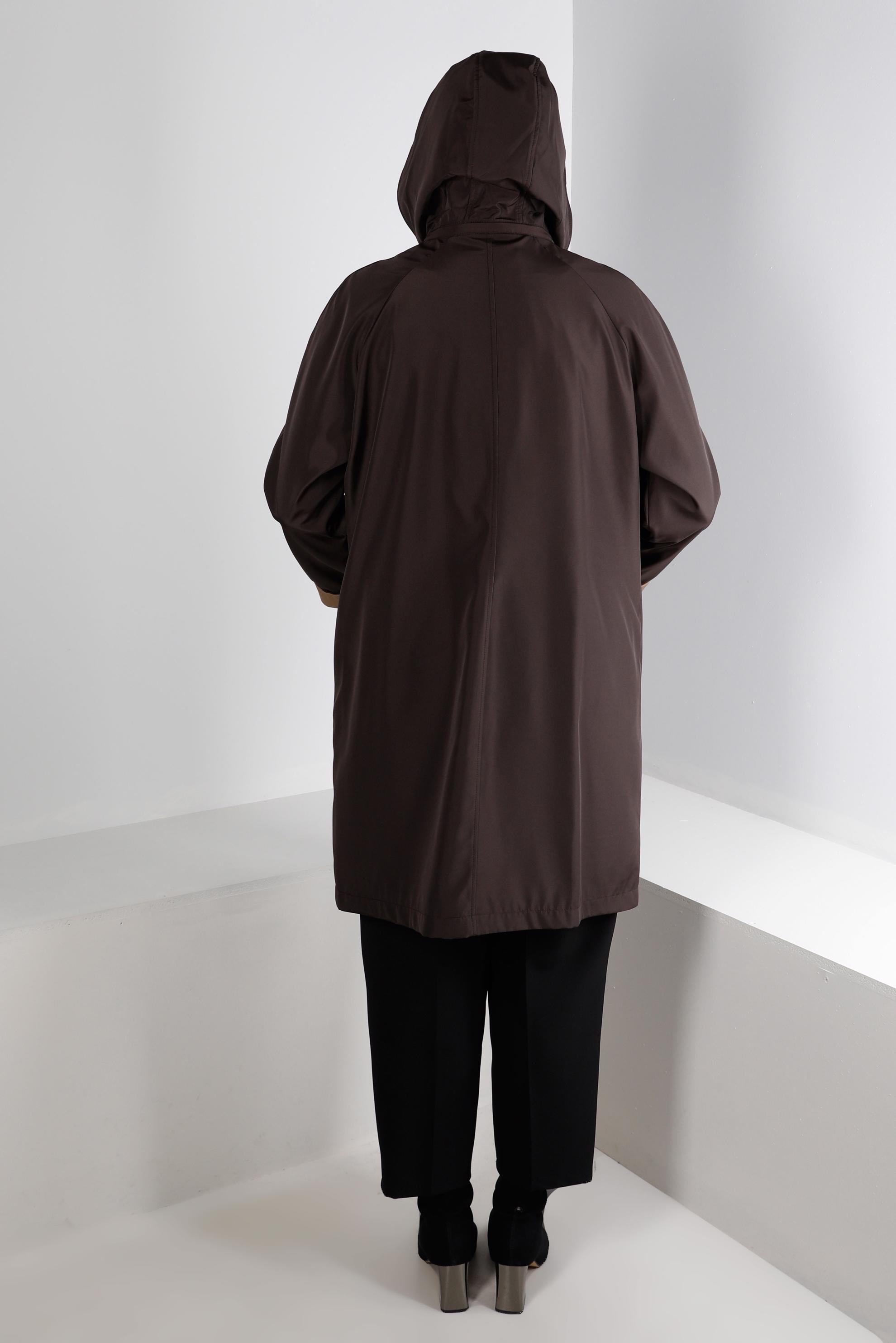 Tesettür giyim KAHVE KAPÜŞONLU CEPLİ ÇITÇITLI TRENÇKOT 10501