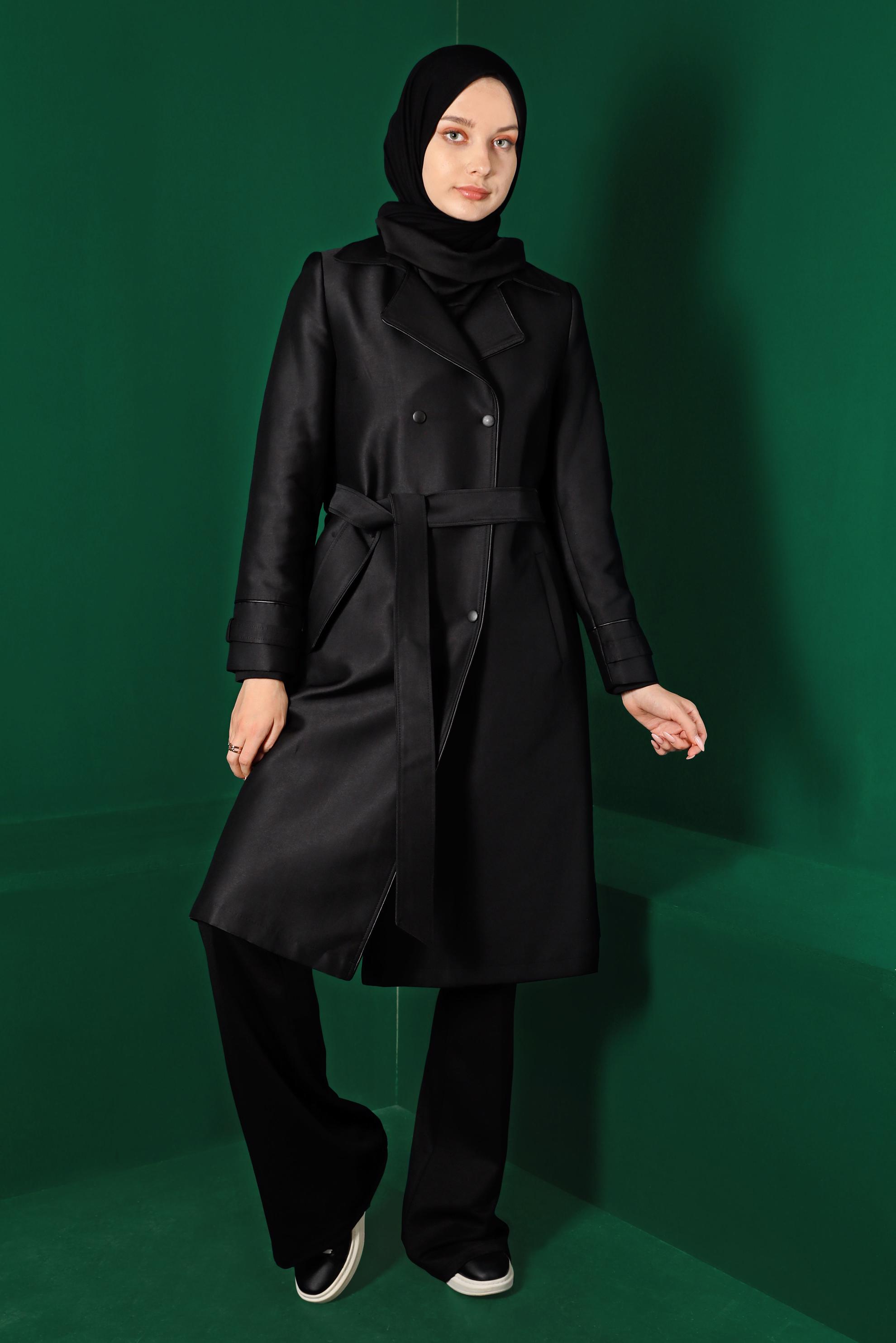 Vêtements hijab NOIR TRENCH-COAT À BOUTONS-PRESSIONS AVEC CEINTURE 10663
