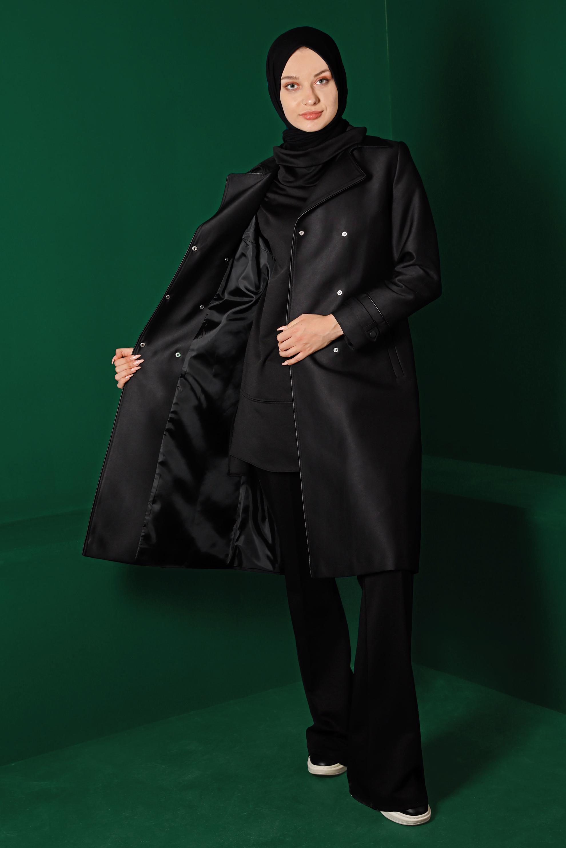 Vêtements hijab NOIR TRENCH-COAT À BOUTONS-PRESSIONS AVEC CEINTURE 10663