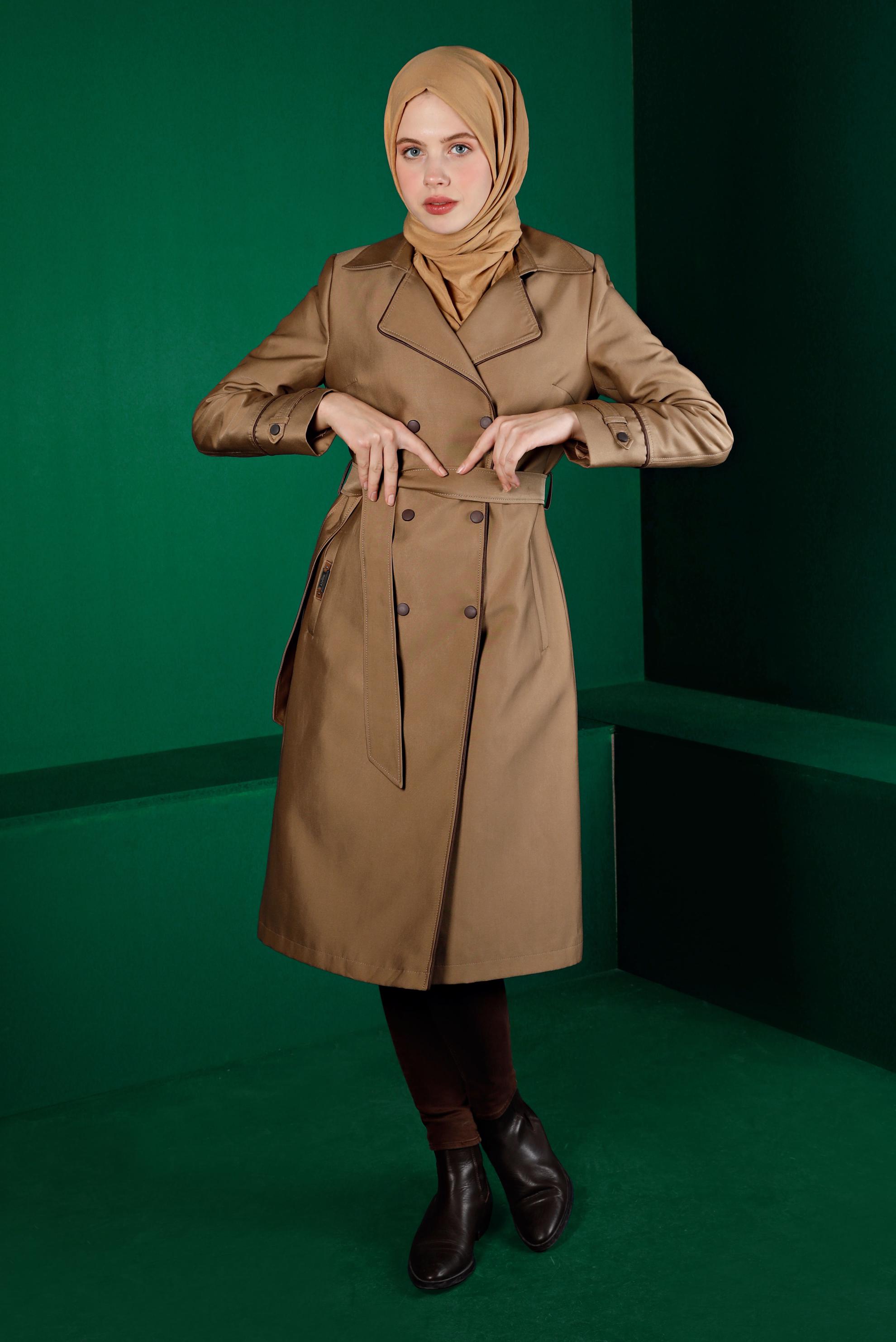 Tesettür giyim KAHVE ÇITÇITLI KUŞAKLI TRENÇKOT 10663 