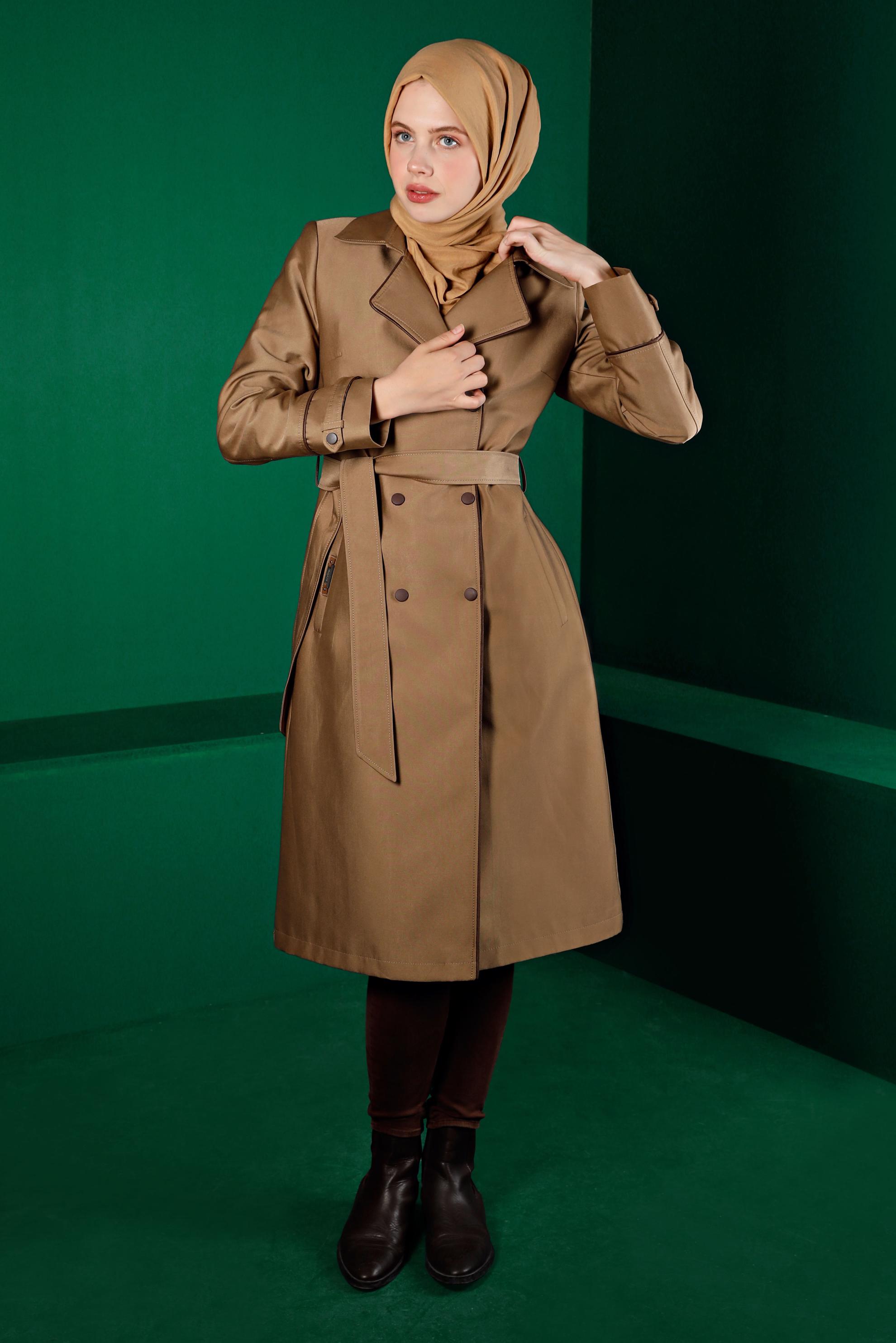 Tesettür giyim KAHVE ÇITÇITLI KUŞAKLI TRENÇKOT 10663 