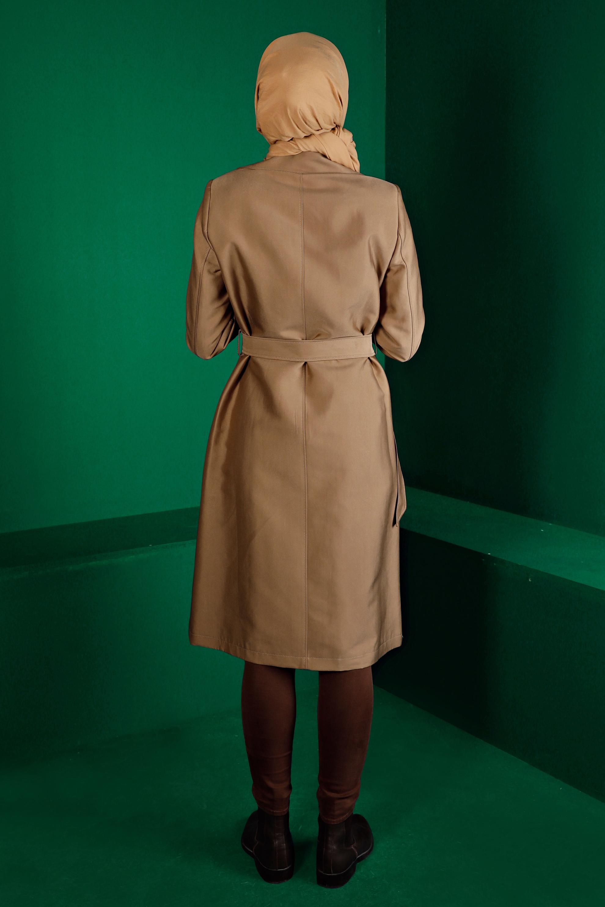 Tesettür giyim KAHVE ÇITÇITLI KUŞAKLI TRENÇKOT 10663 