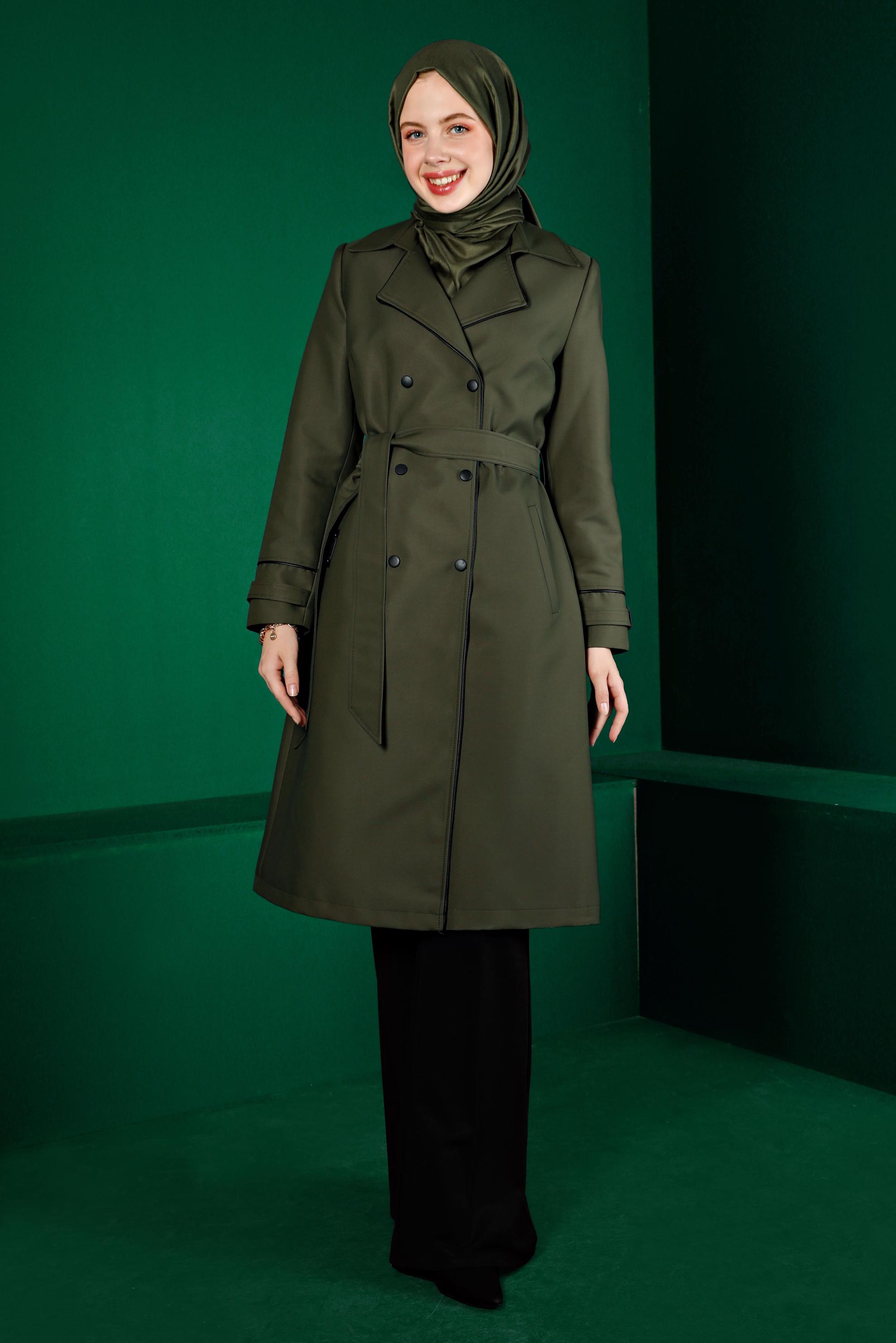 Hijab clothing KHAKI SNAPPED BELTED TRENCH COAT 10663 
