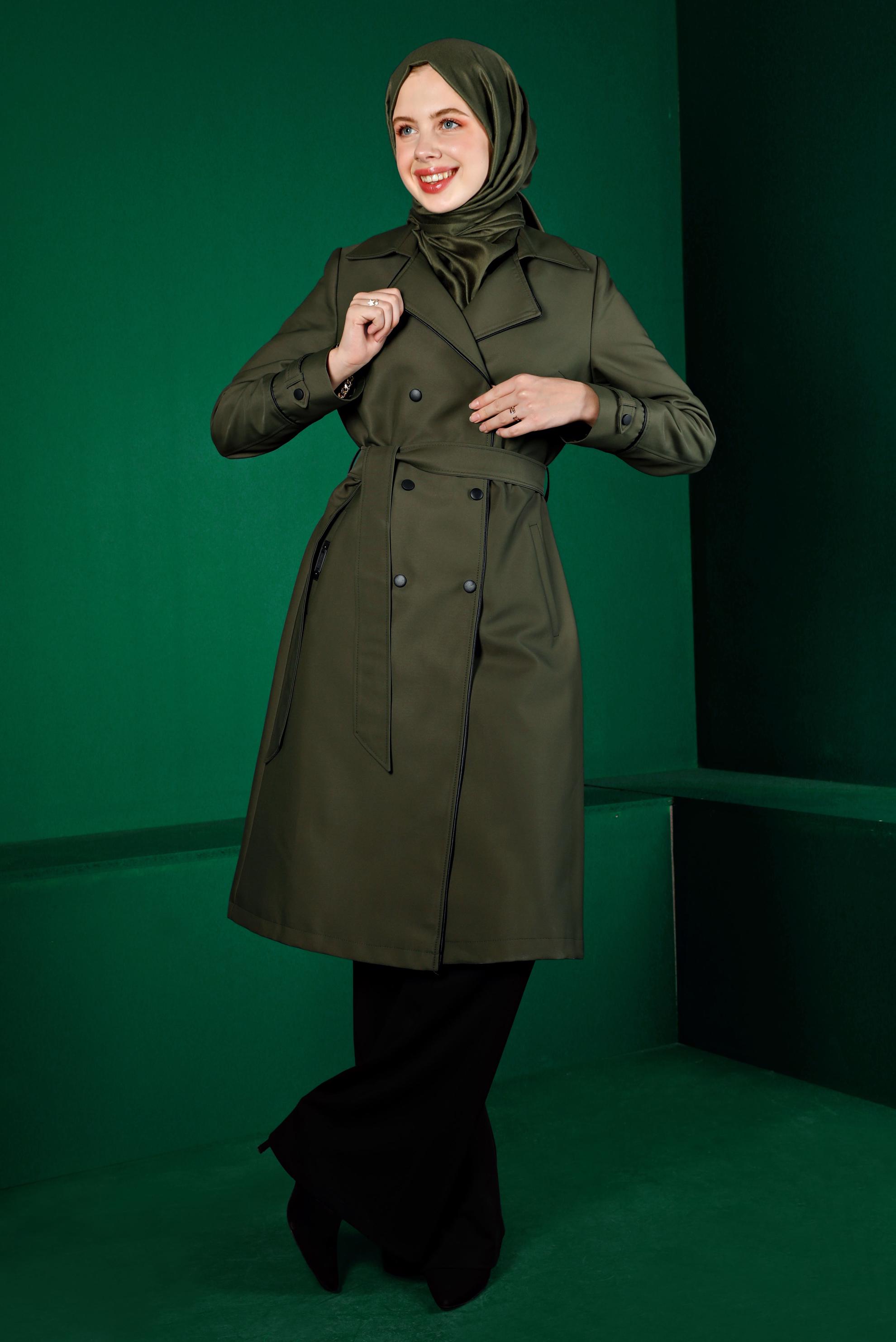 Hijab clothing KHAKI SNAPPED BELTED TRENCH COAT 10663 