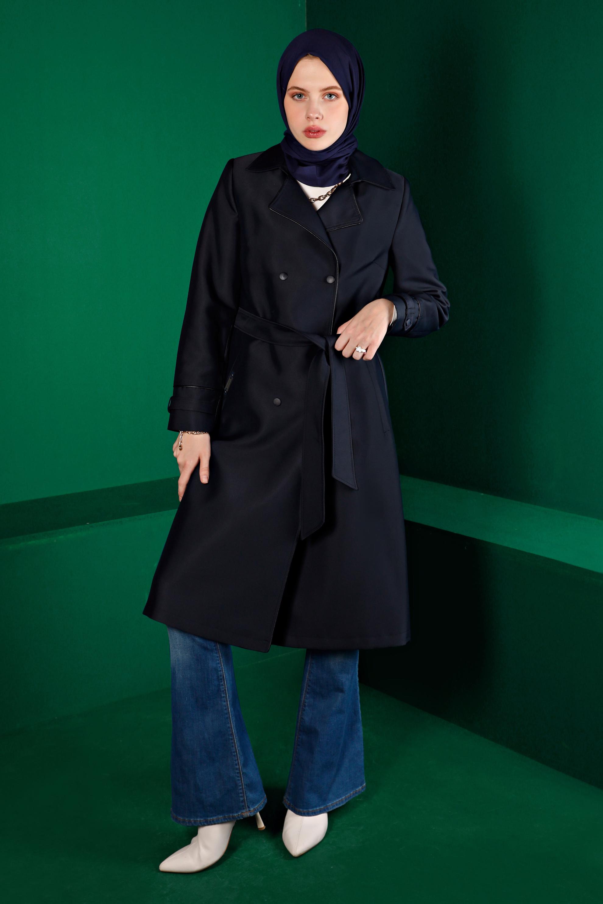 Tesettür giyim LACİVERT ÇITÇITLI KUŞAKLI TRENÇKOT 10663 