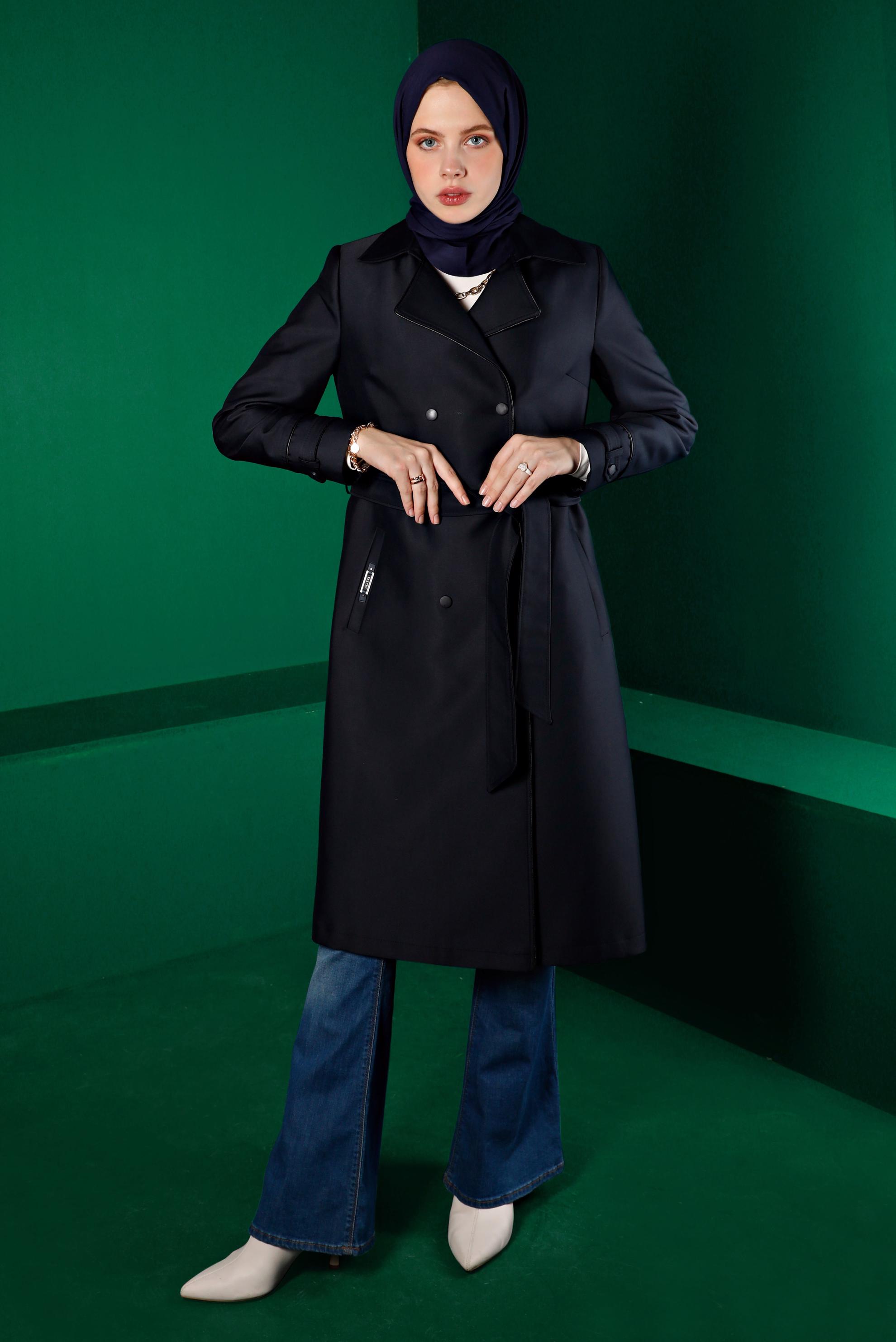 Tesettür giyim LACİVERT ÇITÇITLI KUŞAKLI TRENÇKOT 10663 