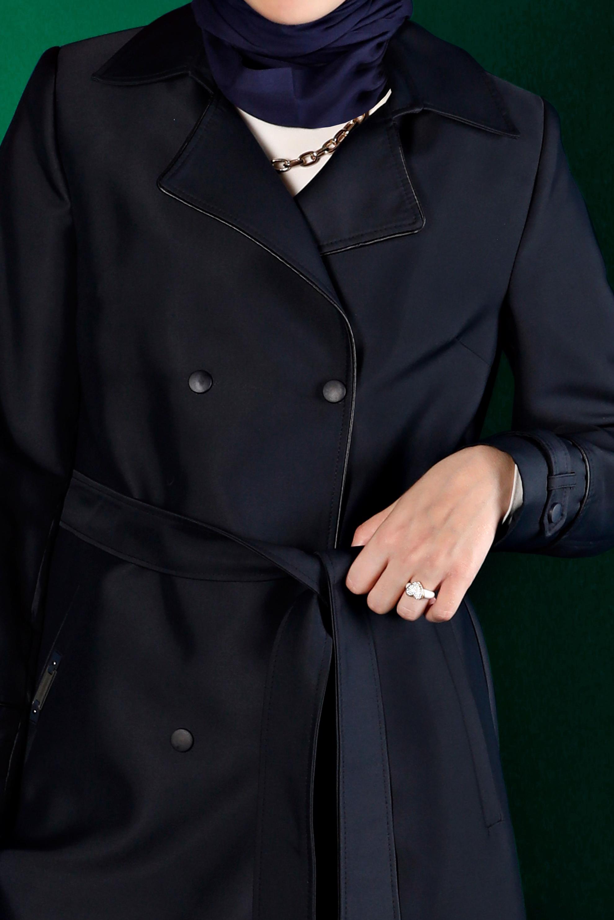 Tesettür giyim LACİVERT ÇITÇITLI KUŞAKLI TRENÇKOT 10663 