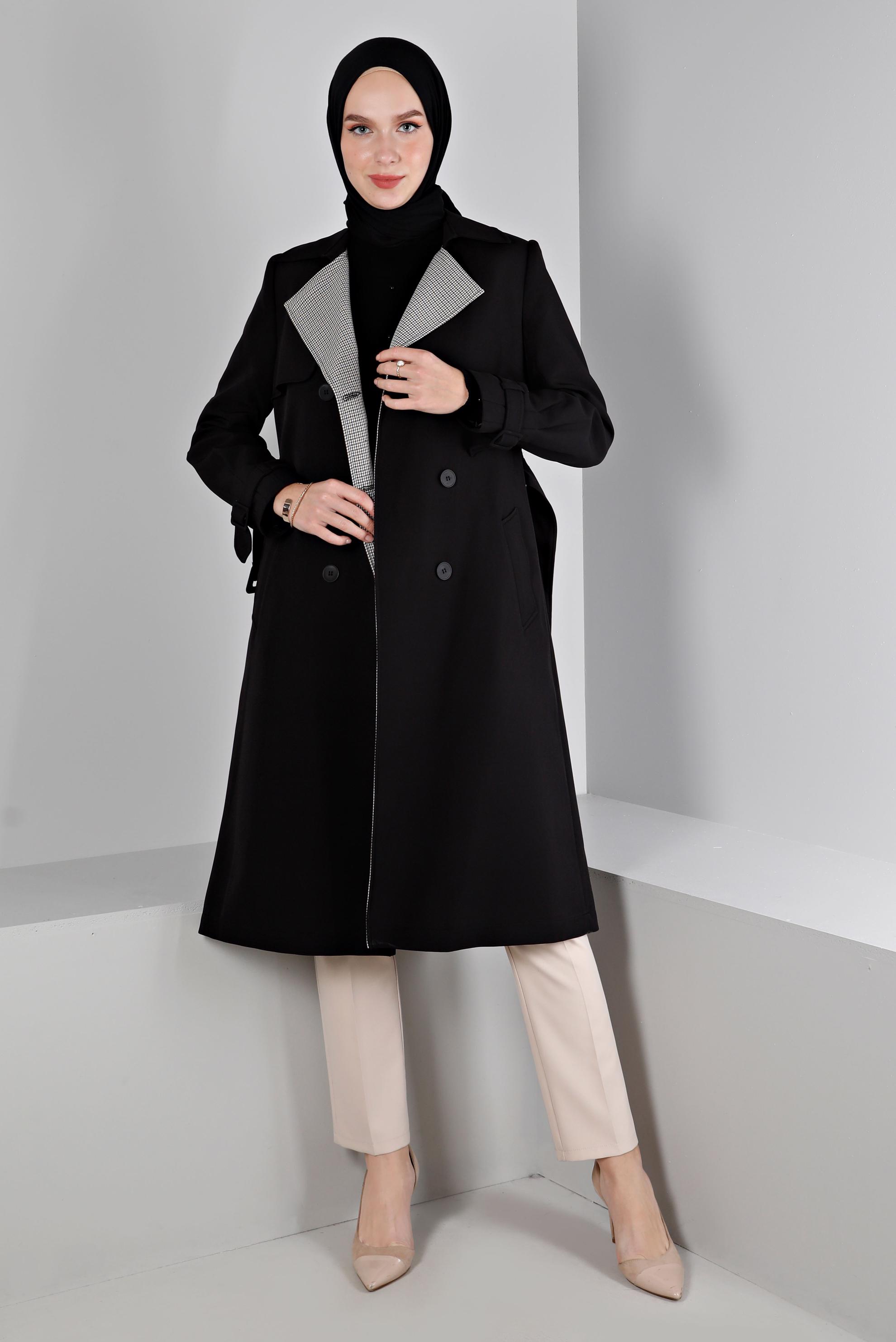 Tesettür giyim SİYAH EKOSE DESEN DETAYLI KEMERLİ TRENÇKOT 10665