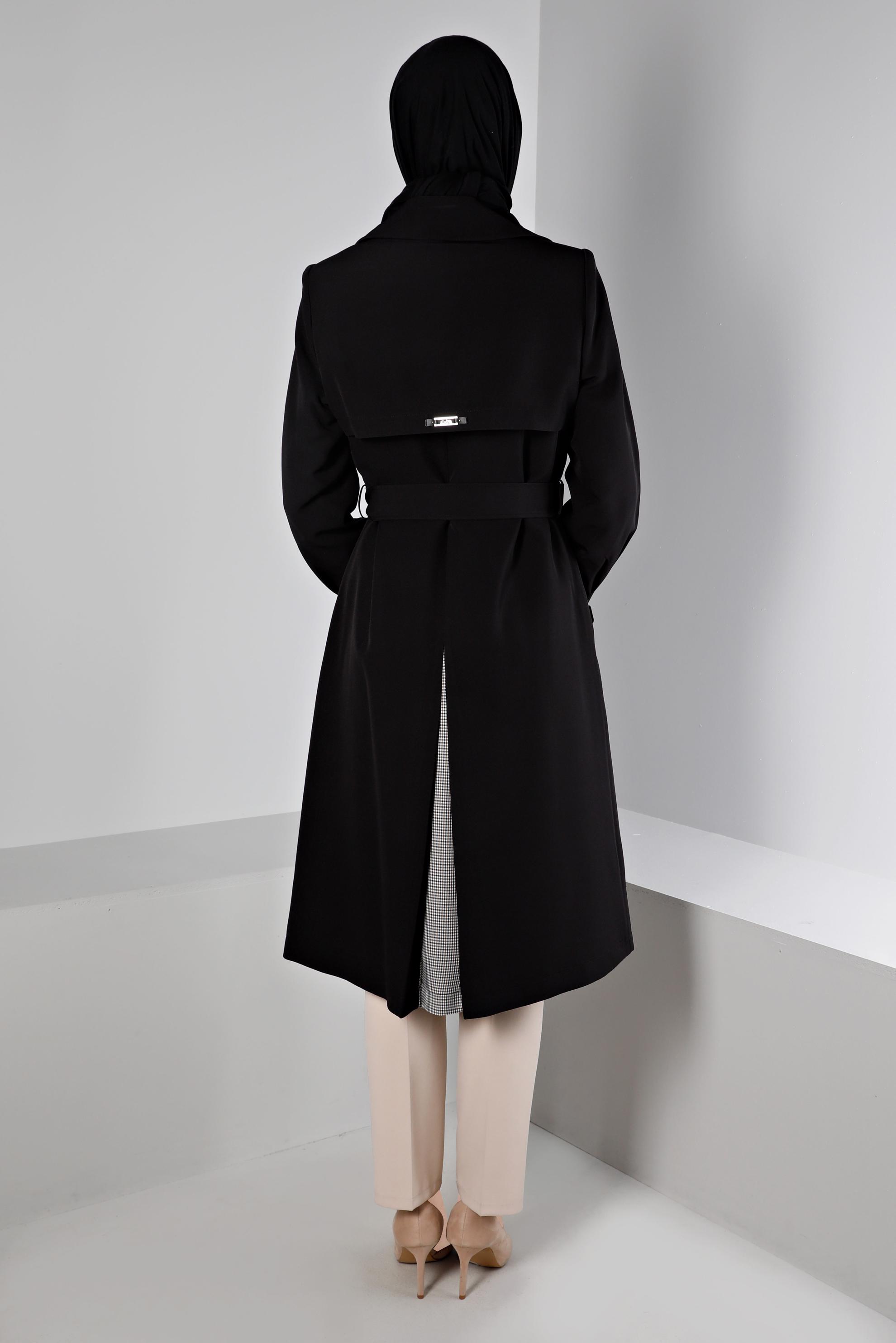 Tesettür giyim SİYAH EKOSE DESEN DETAYLI KEMERLİ TRENÇKOT 10665