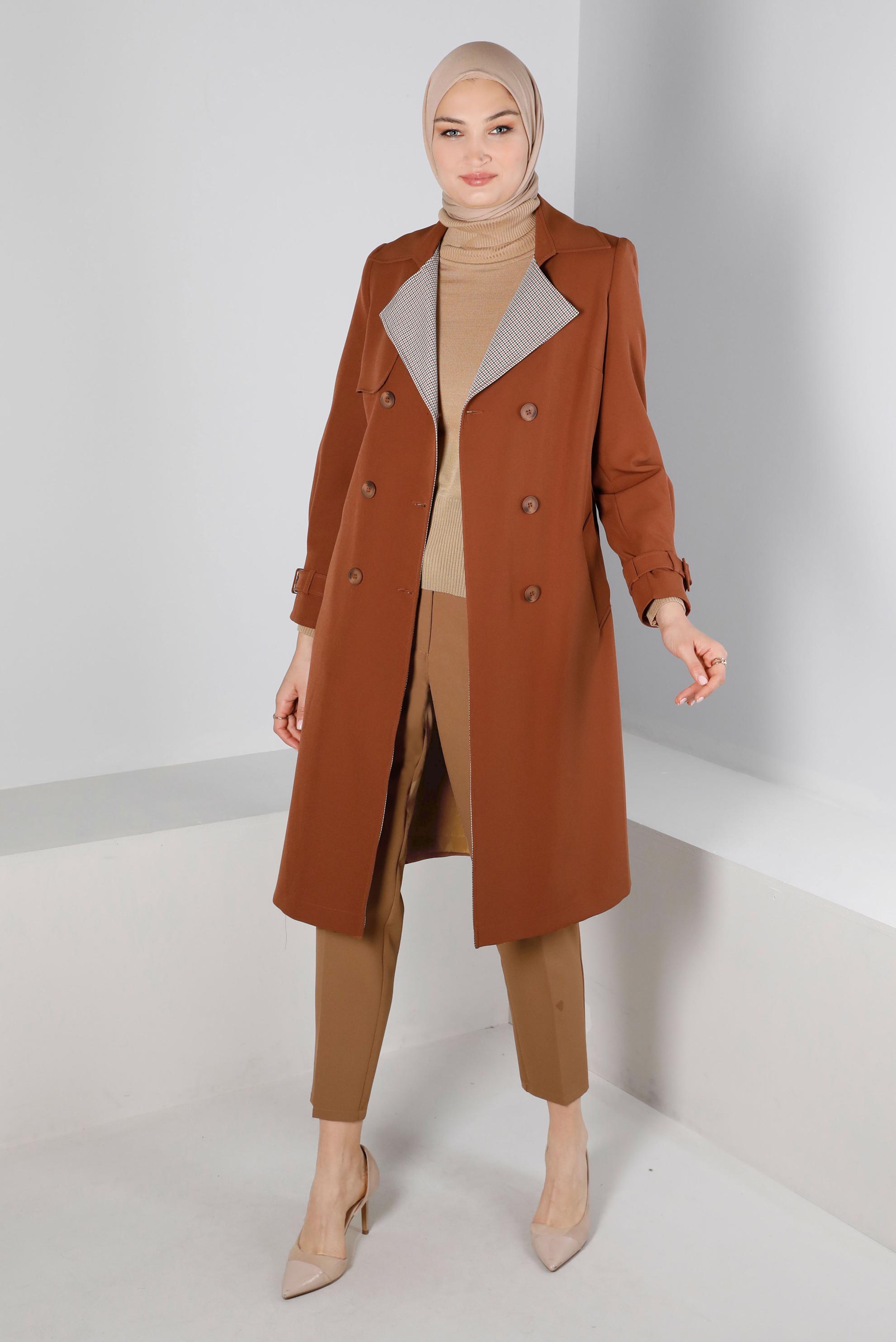 Tesettür giyim TURUNCU EKOSE DESEN DETAYLI KEMERLİ TRENÇKOT 10665