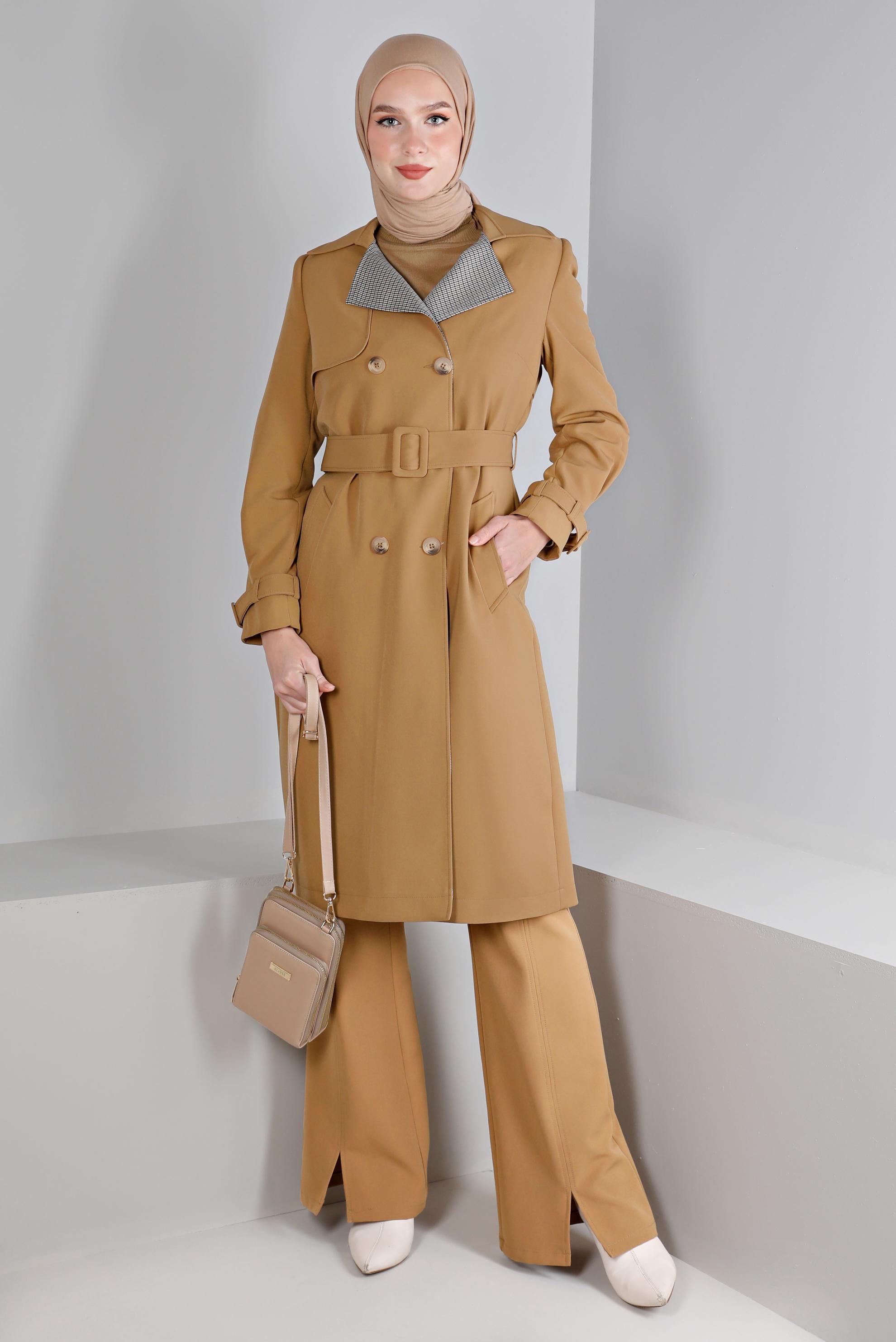 Tesettür giyim KAHVE EKOSE DESEN DETAYLI KEMERLİ TRENÇKOT 10665