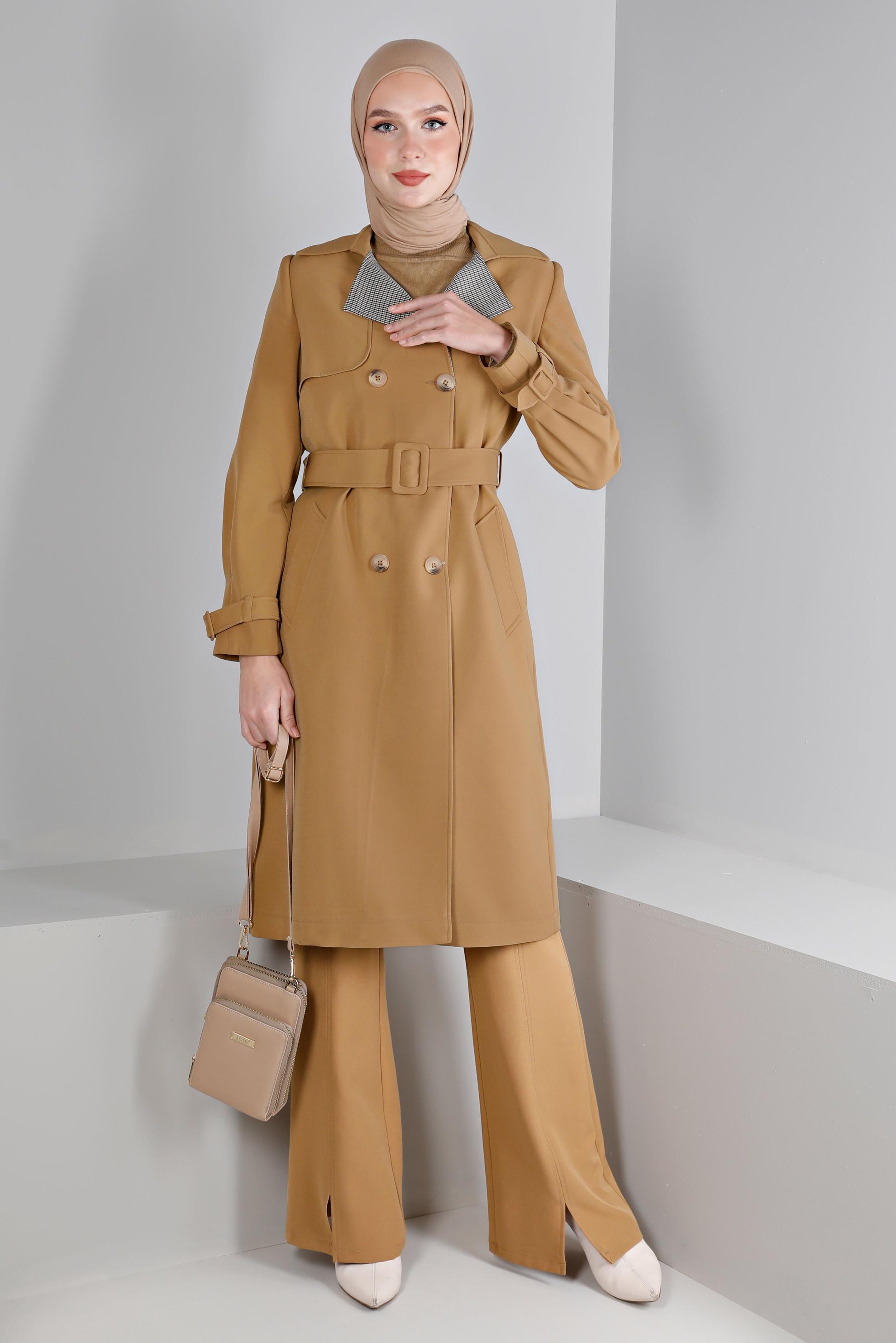 Tesettür giyim KAHVE EKOSE DESEN DETAYLI KEMERLİ TRENÇKOT 10665