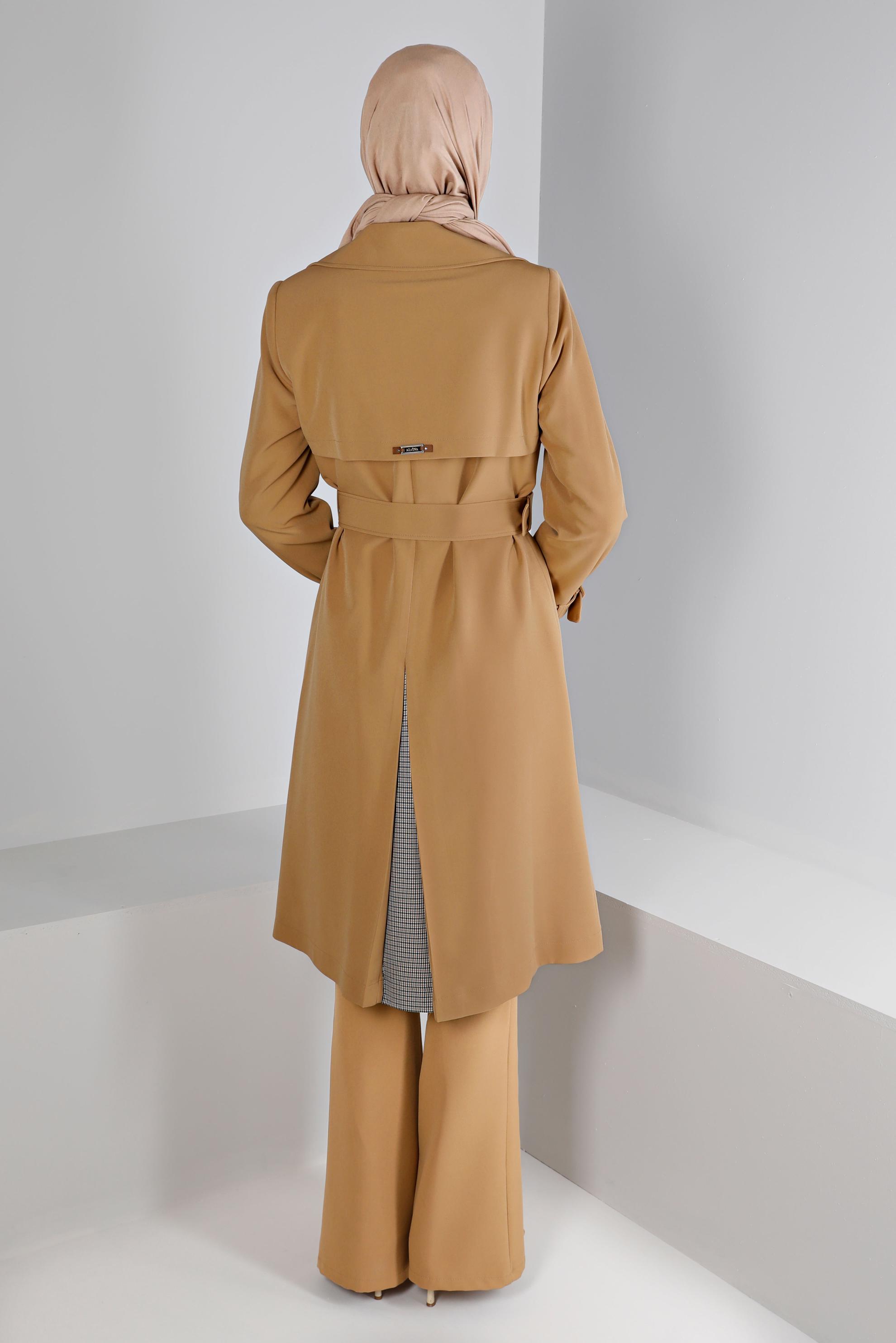 Tesettür giyim KAHVE EKOSE DESEN DETAYLI KEMERLİ TRENÇKOT 10665