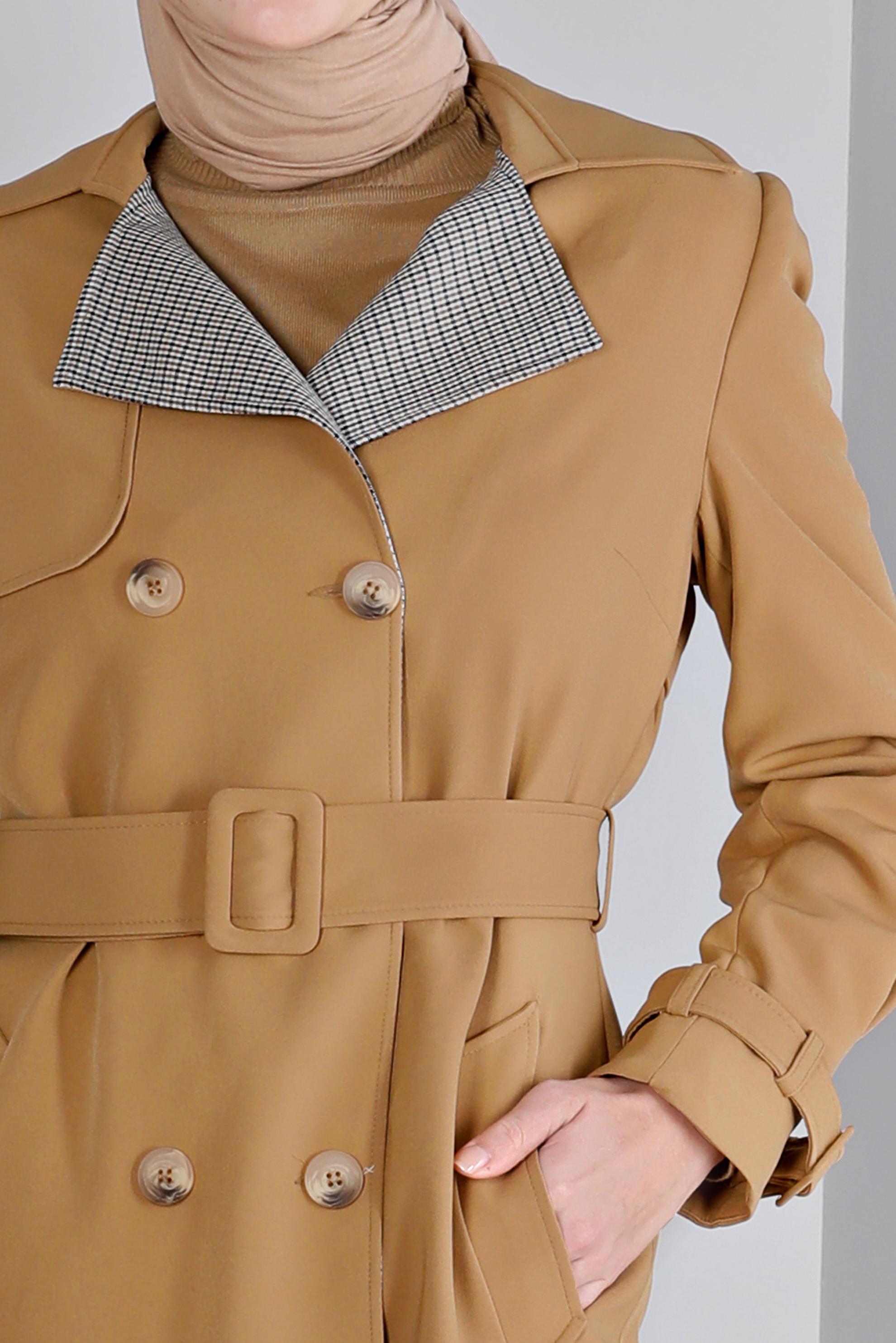 Tesettür giyim KAHVE EKOSE DESEN DETAYLI KEMERLİ TRENÇKOT 10665