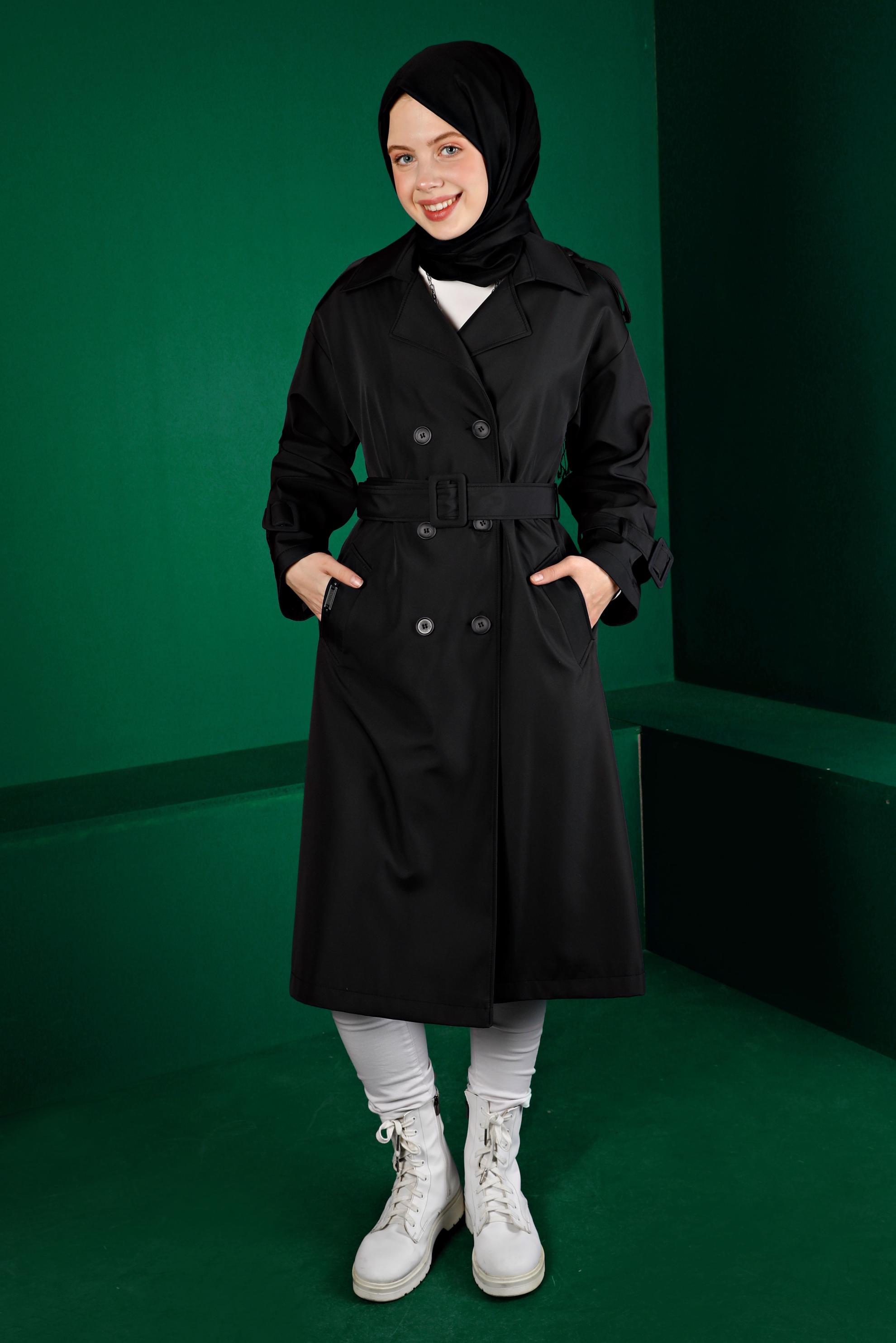 Hijab clothing BLACK BELTED BUTTONED CLASSIC TRENCH COAT 10666 