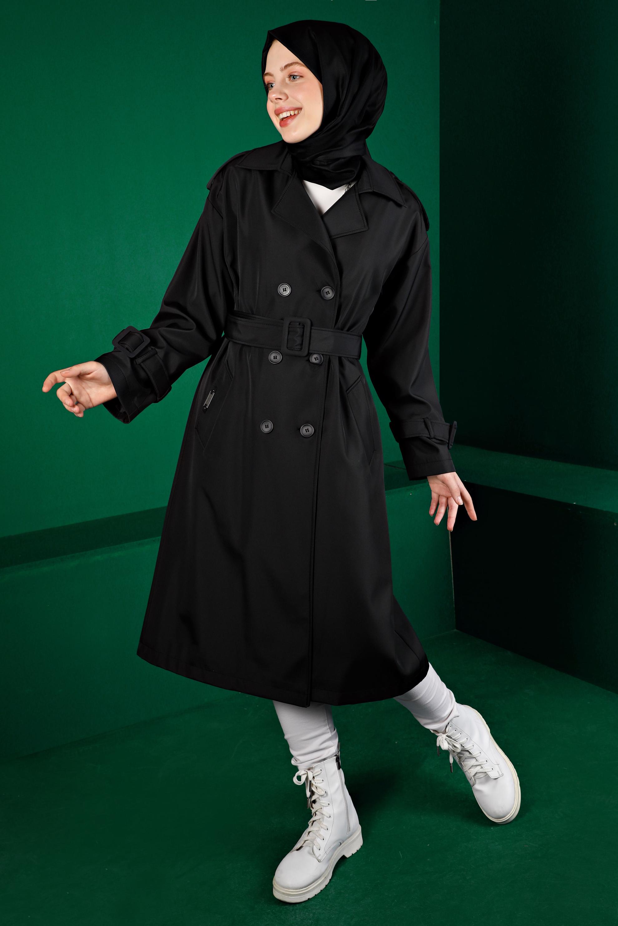 Hijab clothing BLACK BELTED BUTTONED CLASSIC TRENCH COAT 10666 
