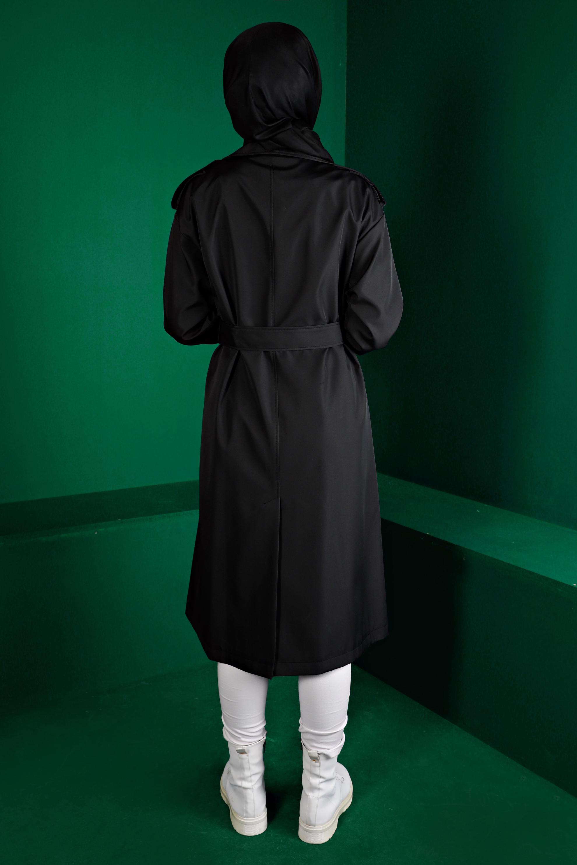 Hijab clothing BLACK BELTED BUTTONED CLASSIC TRENCH COAT 10666 