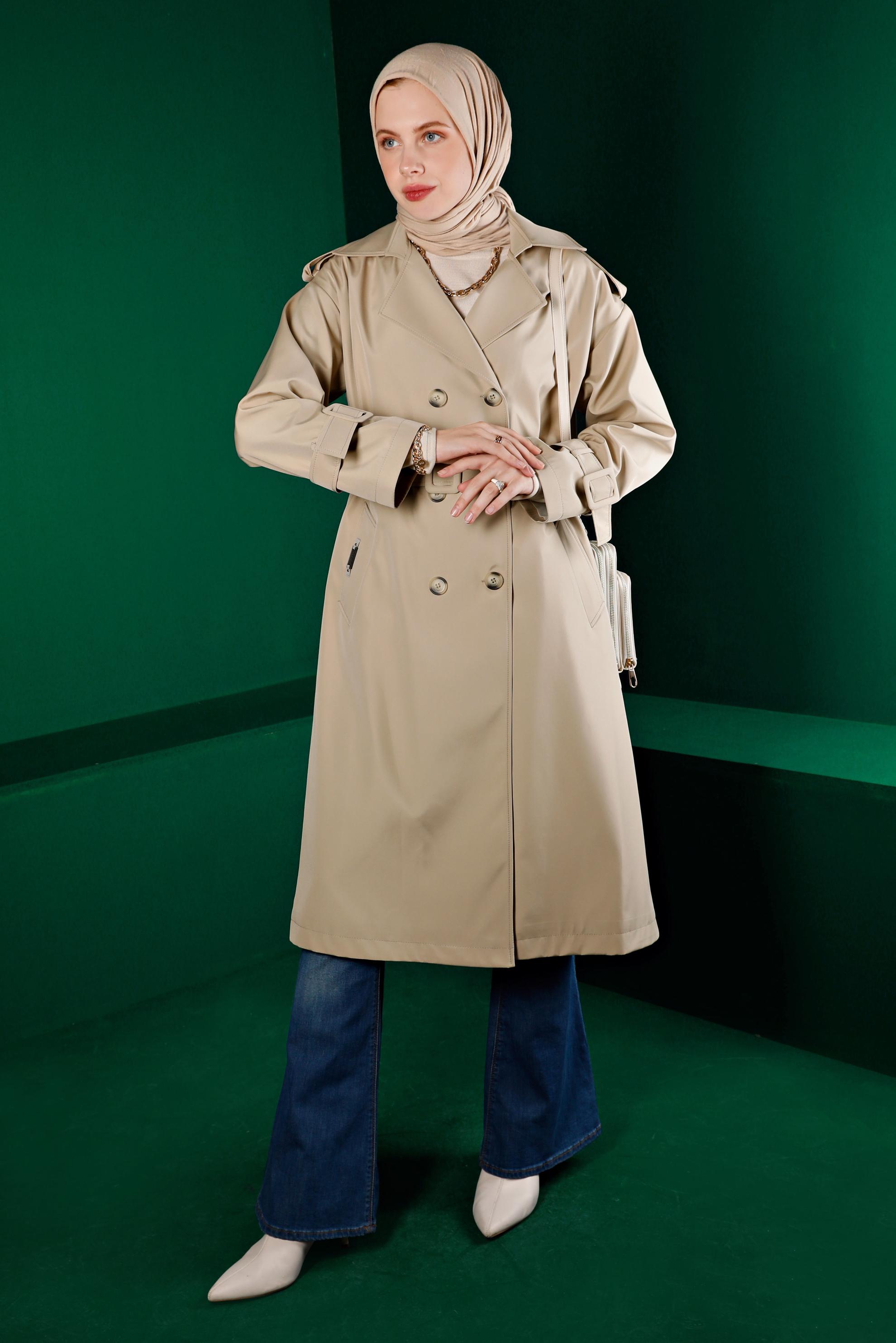 Tesettür giyim BEJ KEMERLİ DÜĞMELİ KLASİK TRENÇKOT 10666 