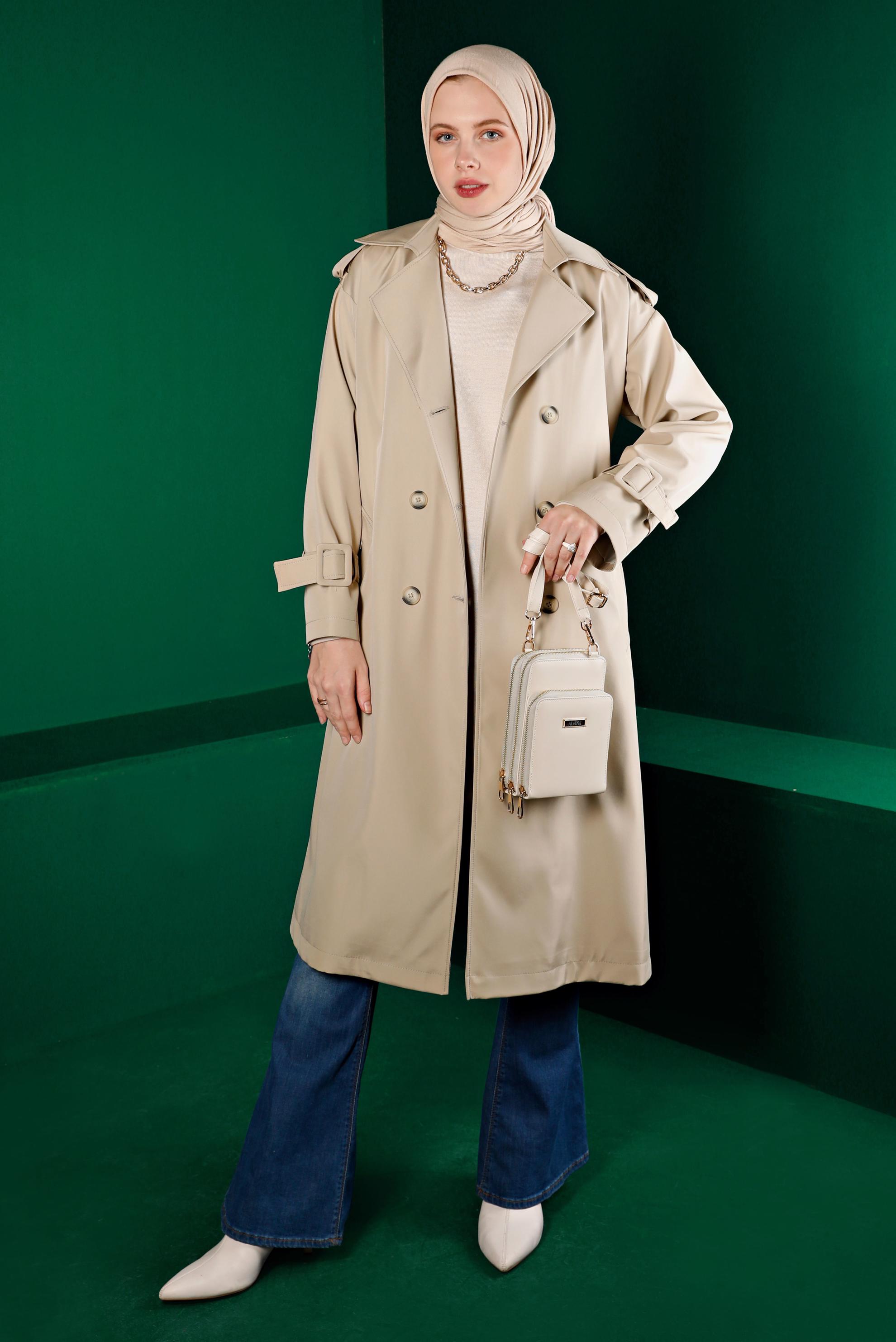 Tesettür giyim BEJ KEMERLİ DÜĞMELİ KLASİK TRENÇKOT 10666 