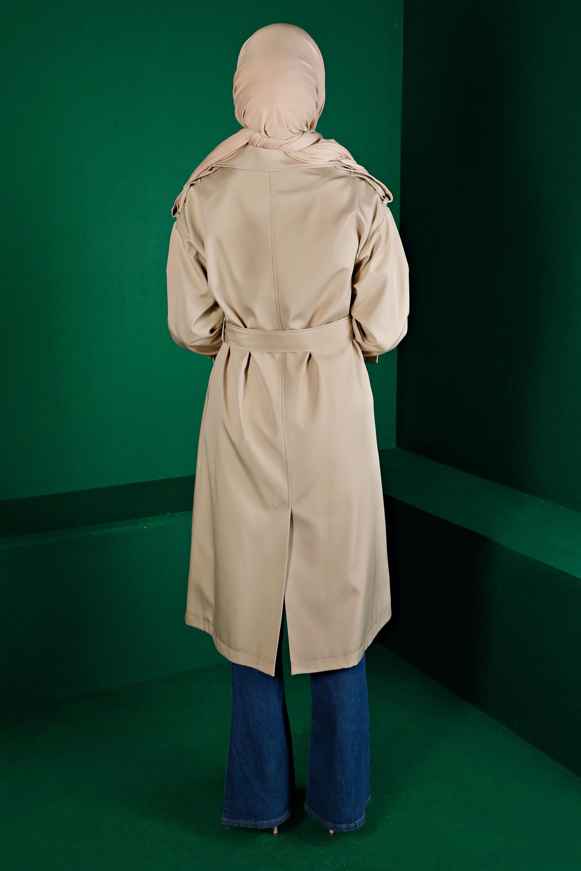 Tesettür giyim BEJ KEMERLİ DÜĞMELİ KLASİK TRENÇKOT 10666 