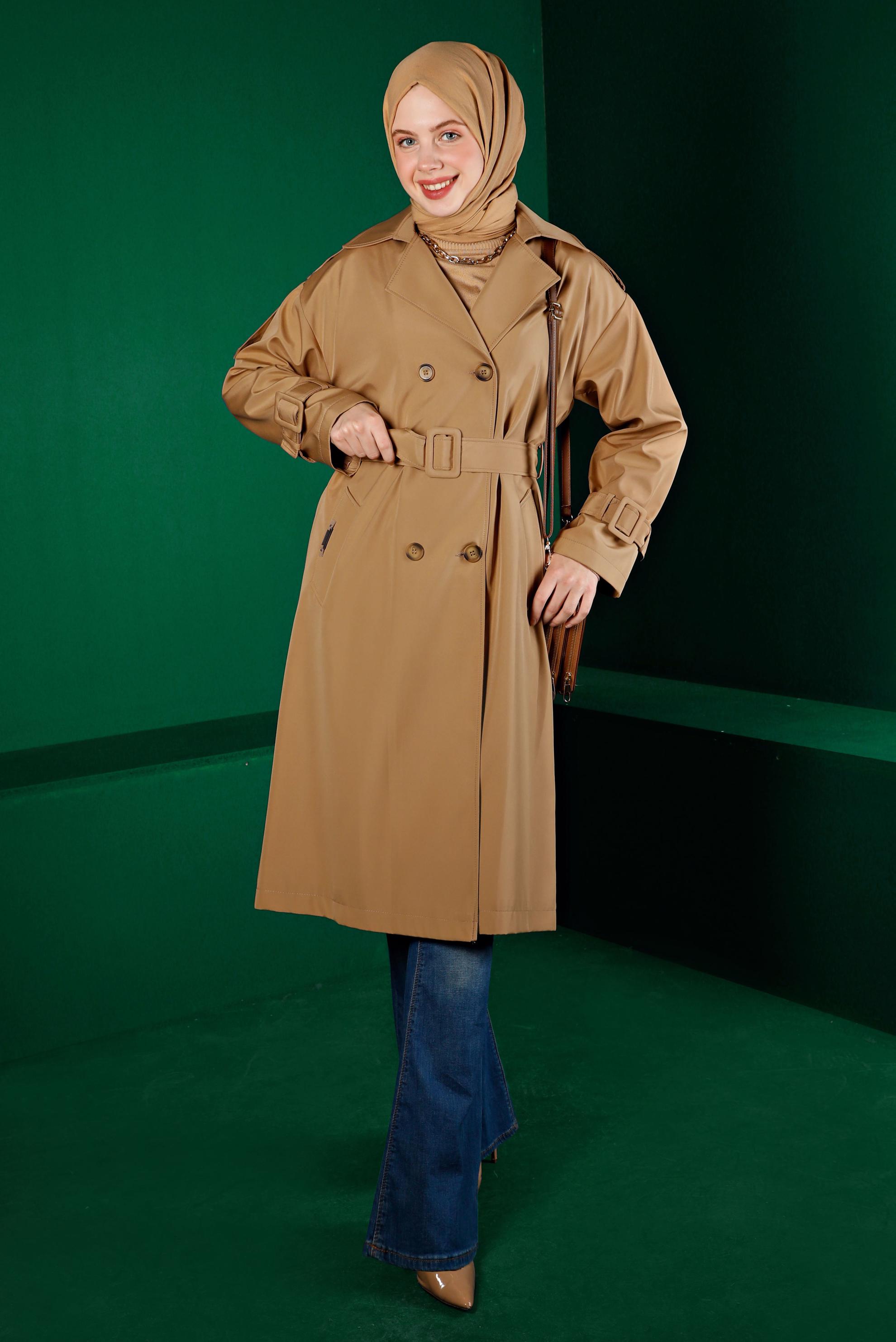 Tesettür giyim KAHVE KEMERLİ DÜĞMELİ KLASİK TRENÇKOT 10666 