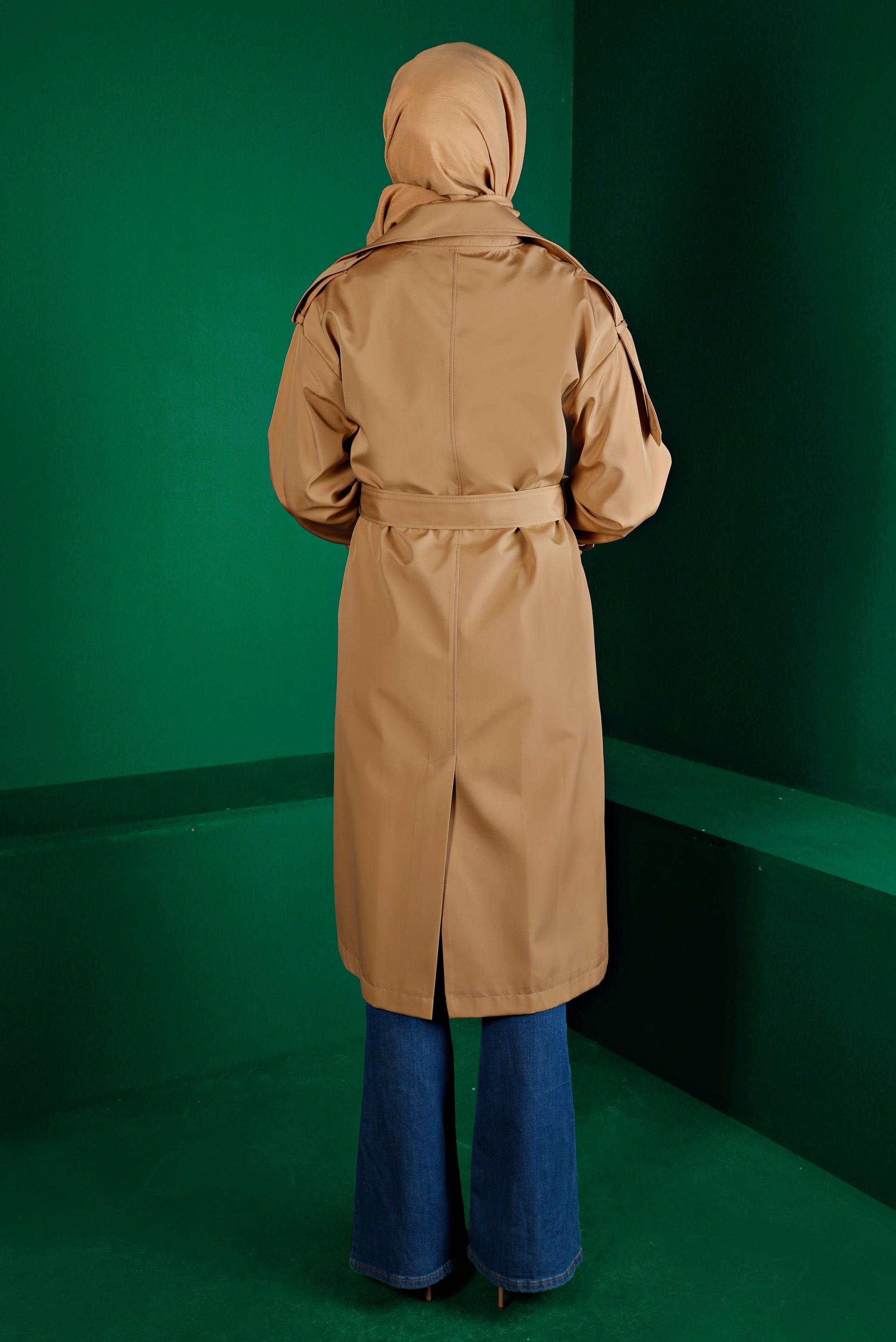 Tesettür giyim KAHVE KEMERLİ DÜĞMELİ KLASİK TRENÇKOT 10666 