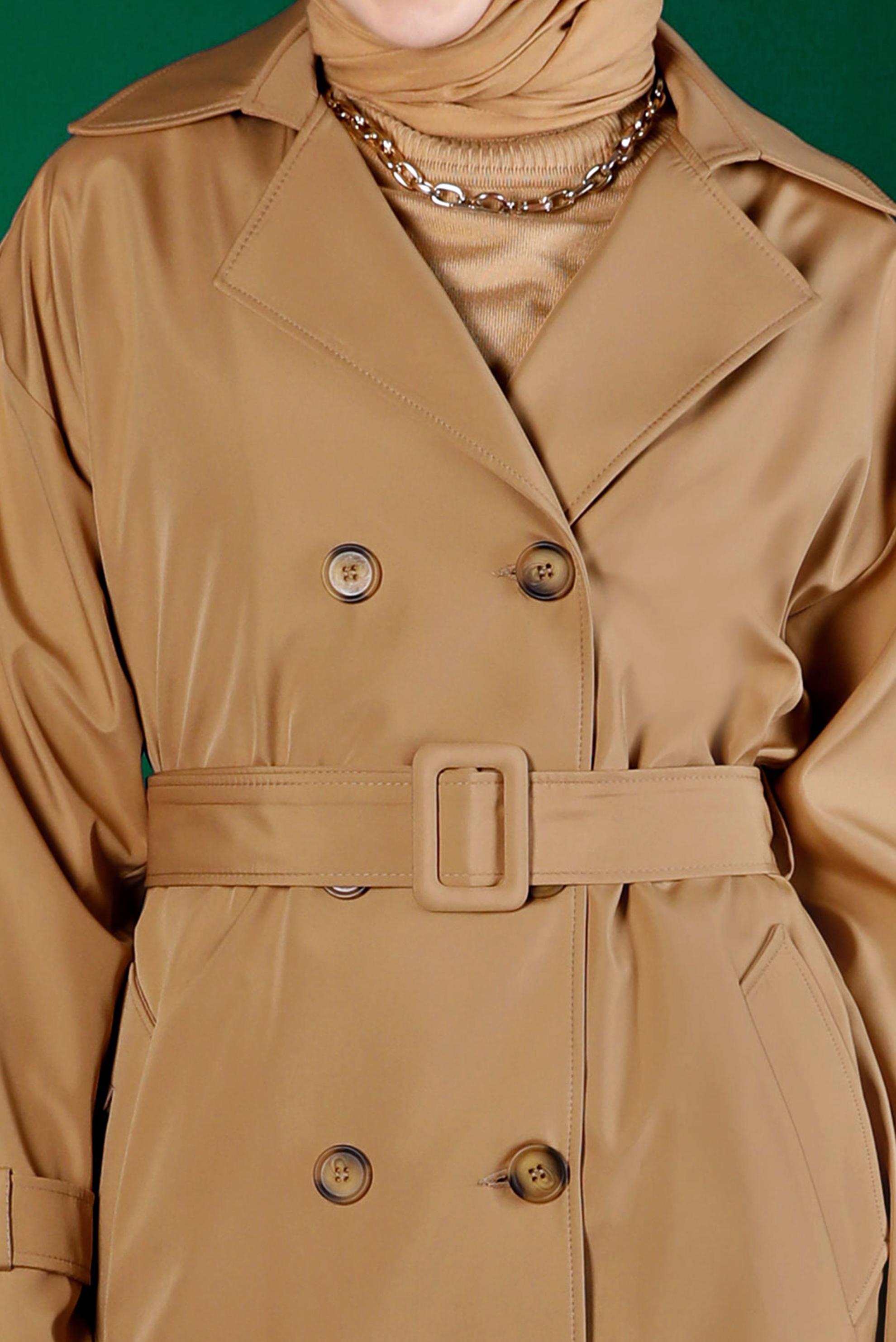 Tesettür giyim KAHVE KEMERLİ DÜĞMELİ KLASİK TRENÇKOT 10666 