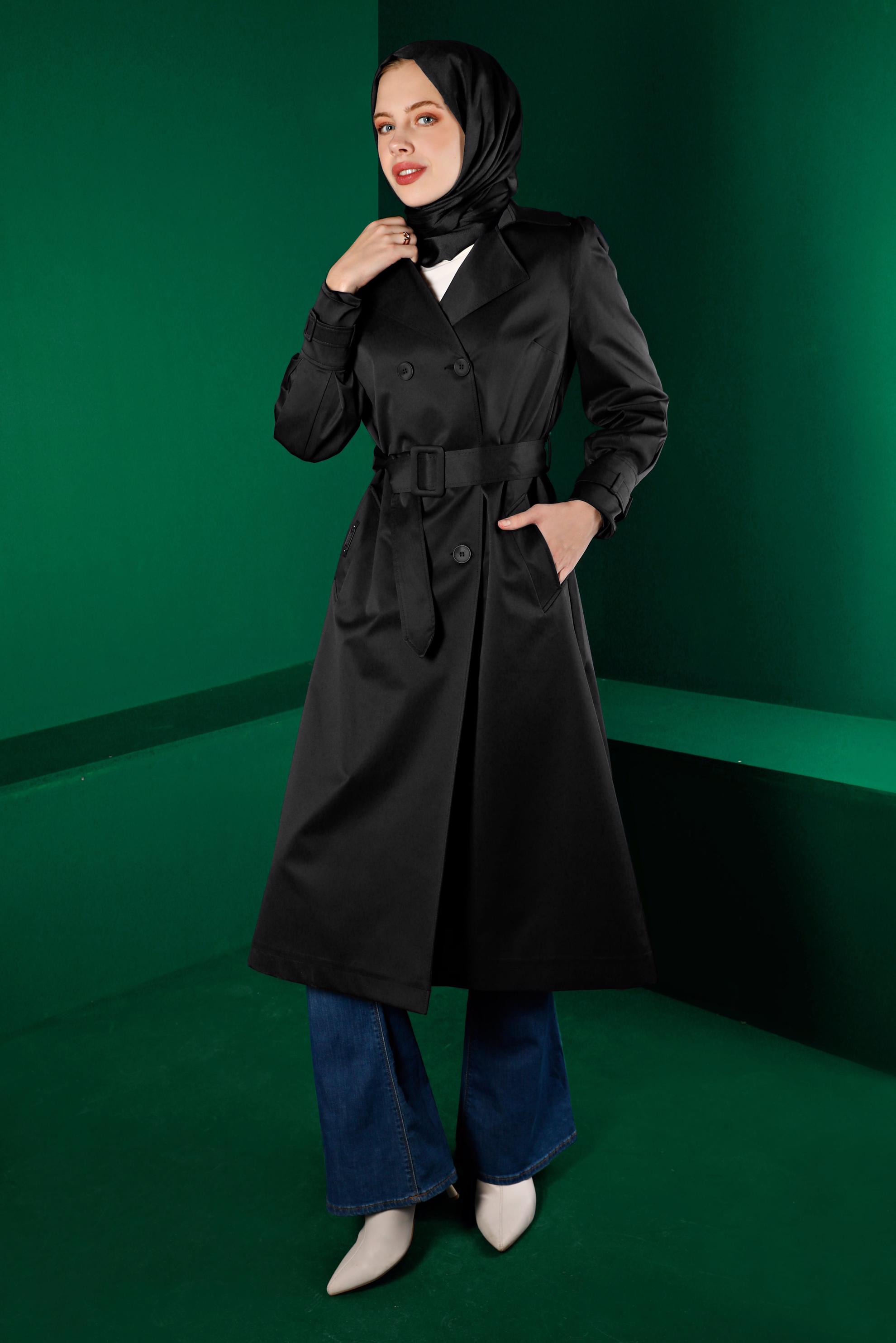 Tesettür giyim SİYAH KUŞAKLI DÜĞMELİ TRENÇKOT 10667 