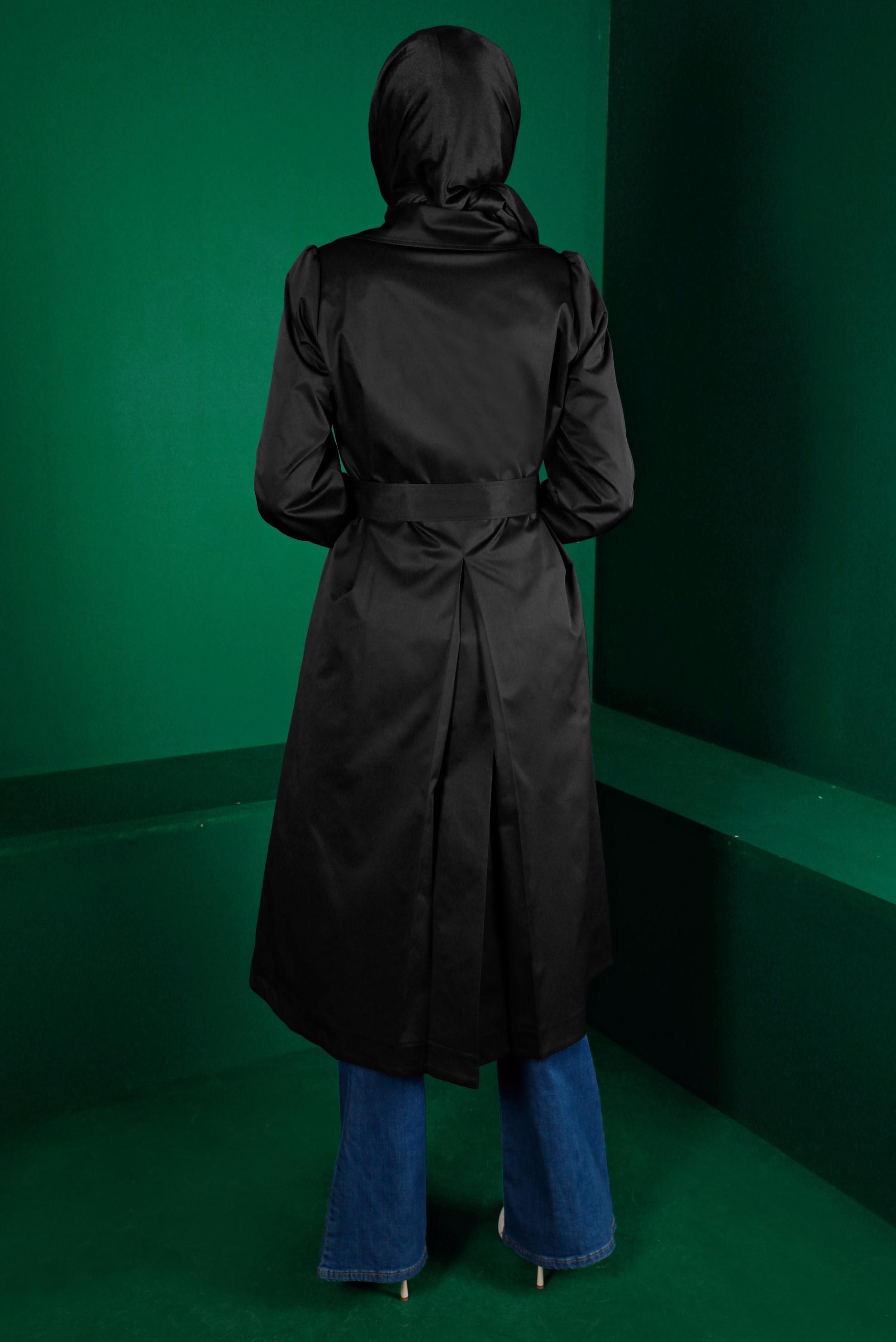 Tesettür giyim SİYAH KUŞAKLI DÜĞMELİ TRENÇKOT 10667 