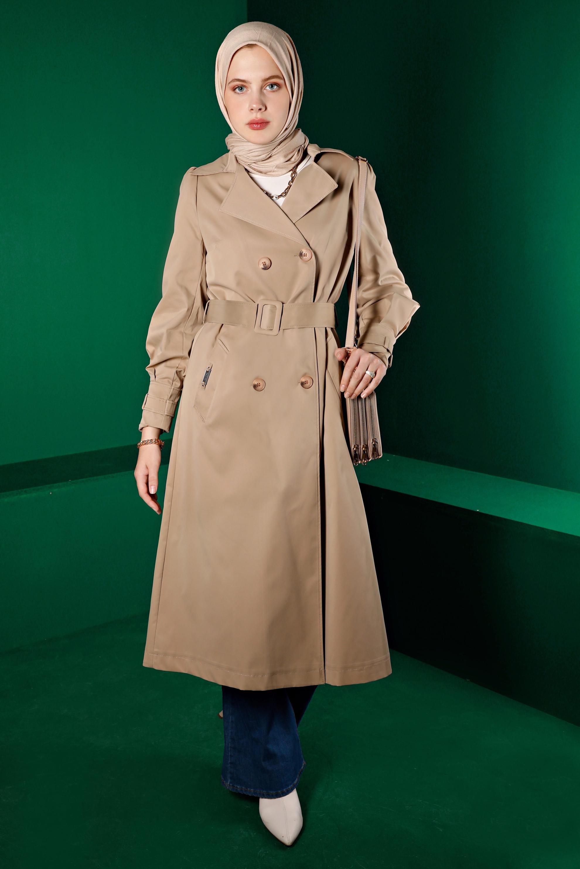 Tesettür giyim KAHVE KUŞAKLI DÜĞMELİ TRENÇKOT 10667 