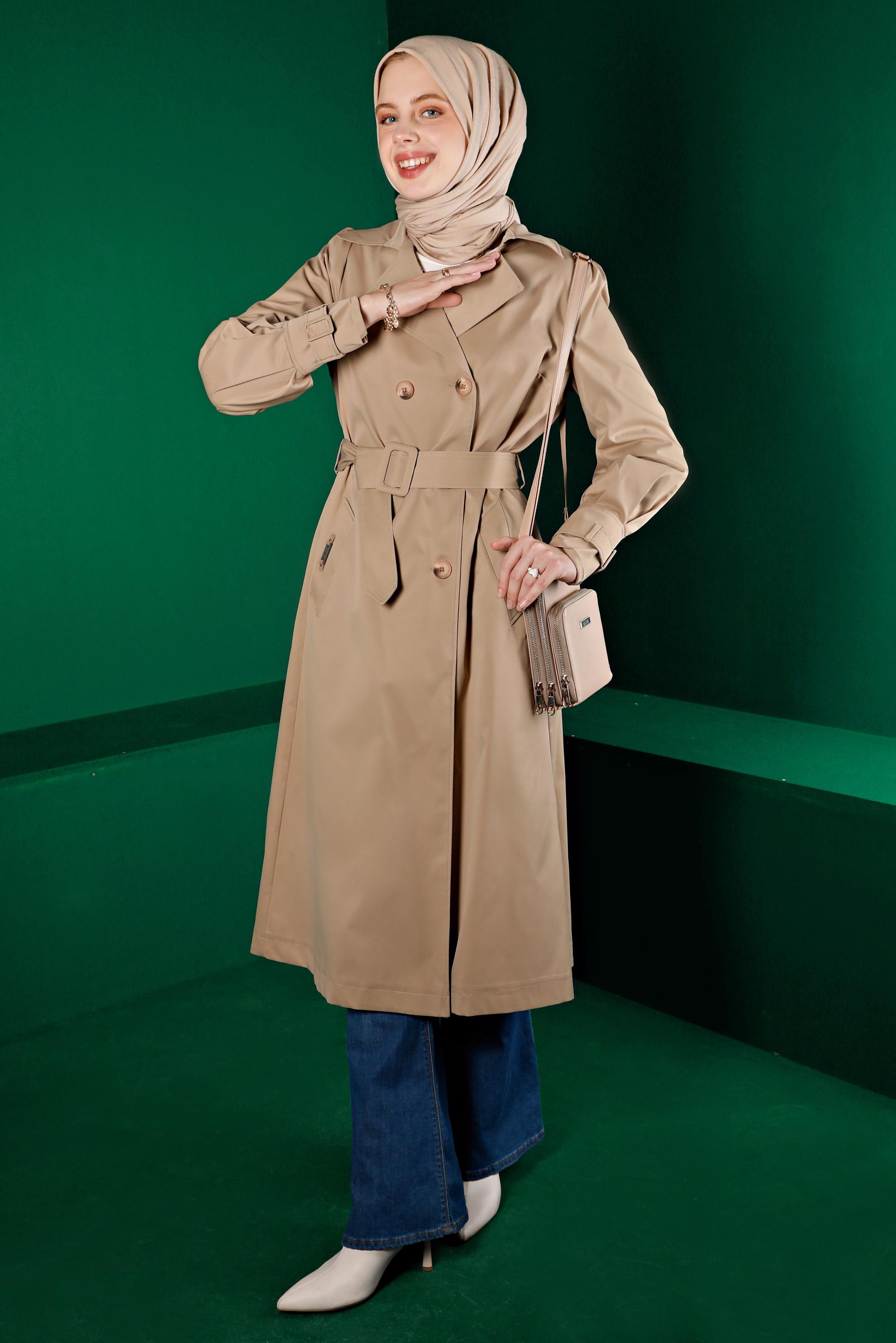 Tesettür giyim KAHVE KUŞAKLI DÜĞMELİ TRENÇKOT 10667 
