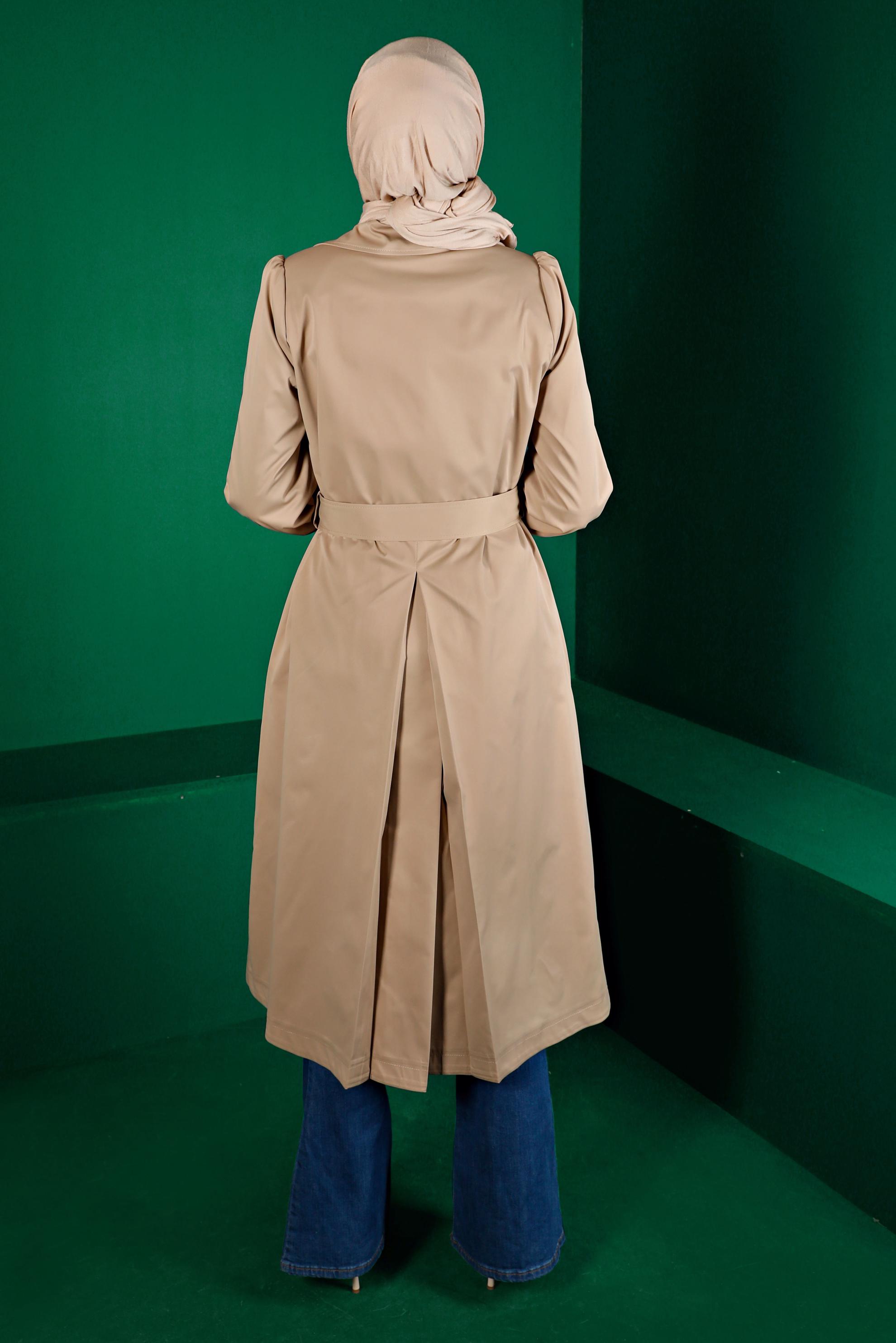 Tesettür giyim KAHVE KUŞAKLI DÜĞMELİ TRENÇKOT 10667 