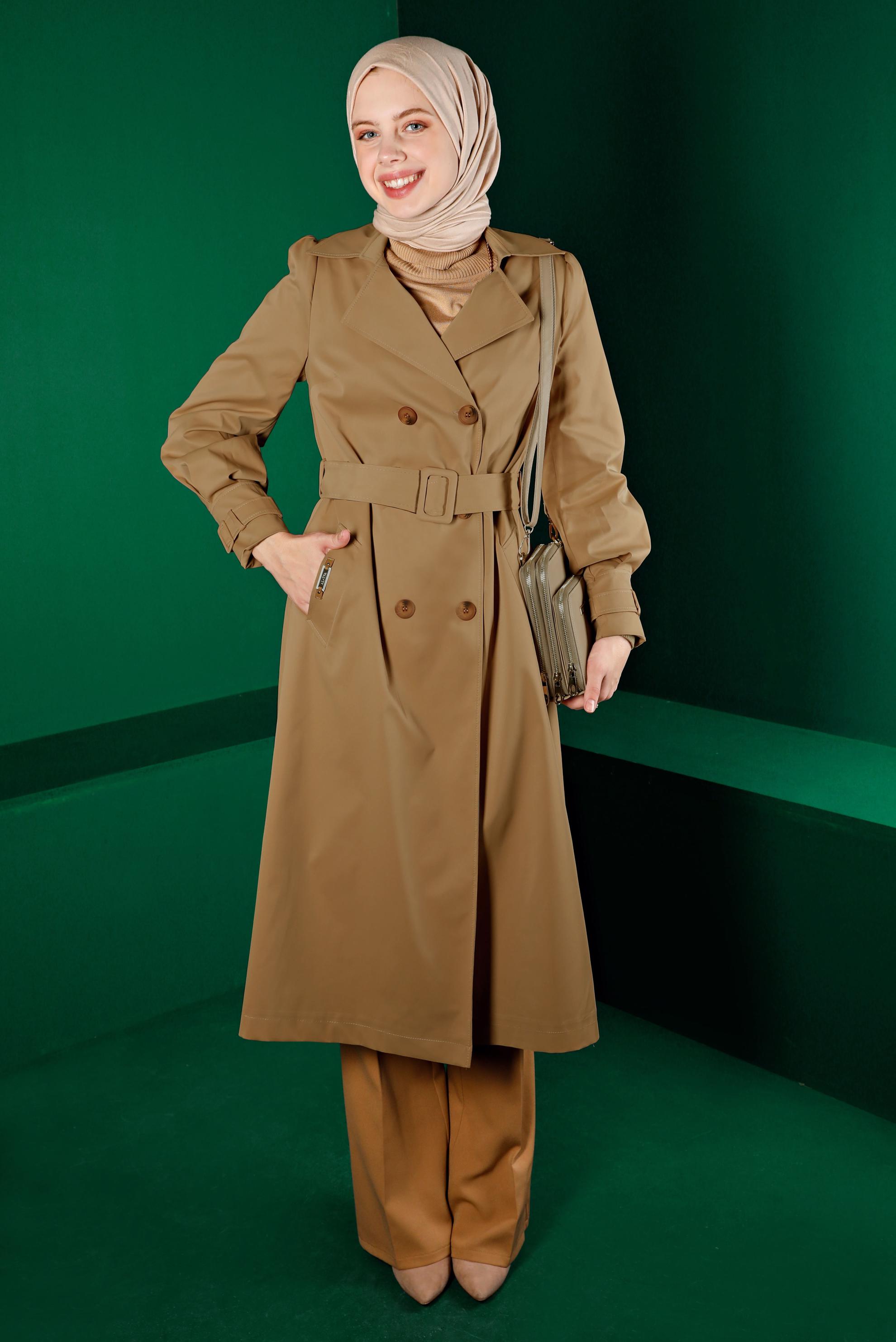 Tesettür giyim TABA KUŞAKLI DÜĞMELİ TRENÇKOT 10667 