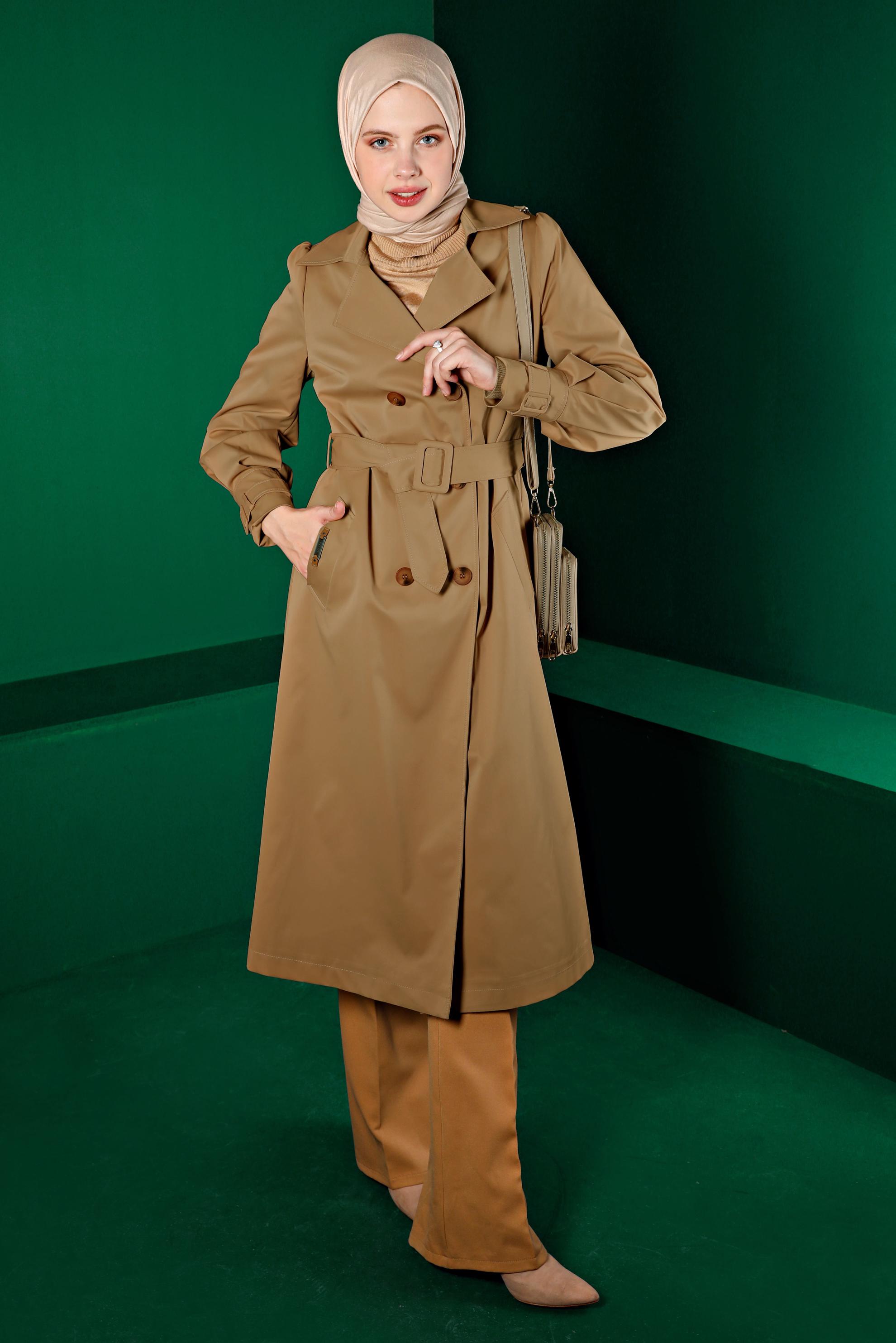 Tesettür giyim TABA KUŞAKLI DÜĞMELİ TRENÇKOT 10667 