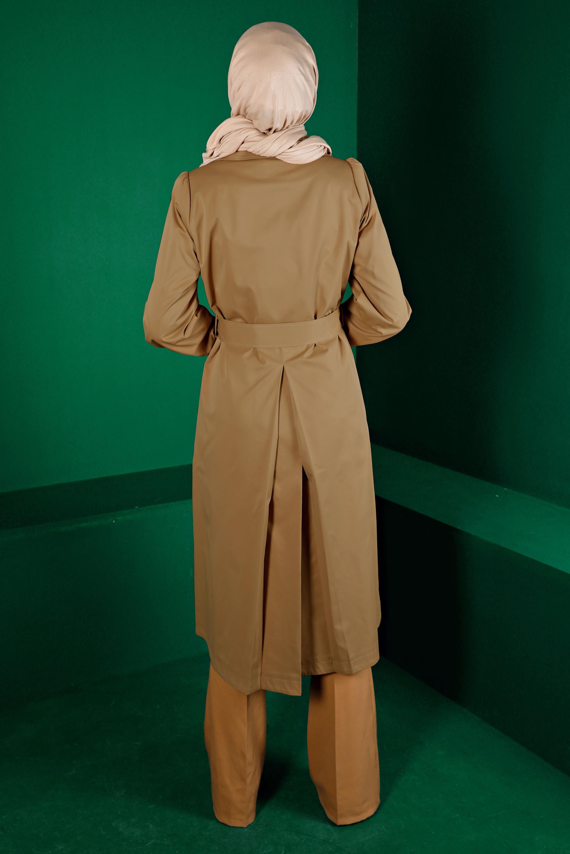 Tesettür giyim TABA KUŞAKLI DÜĞMELİ TRENÇKOT 10667 