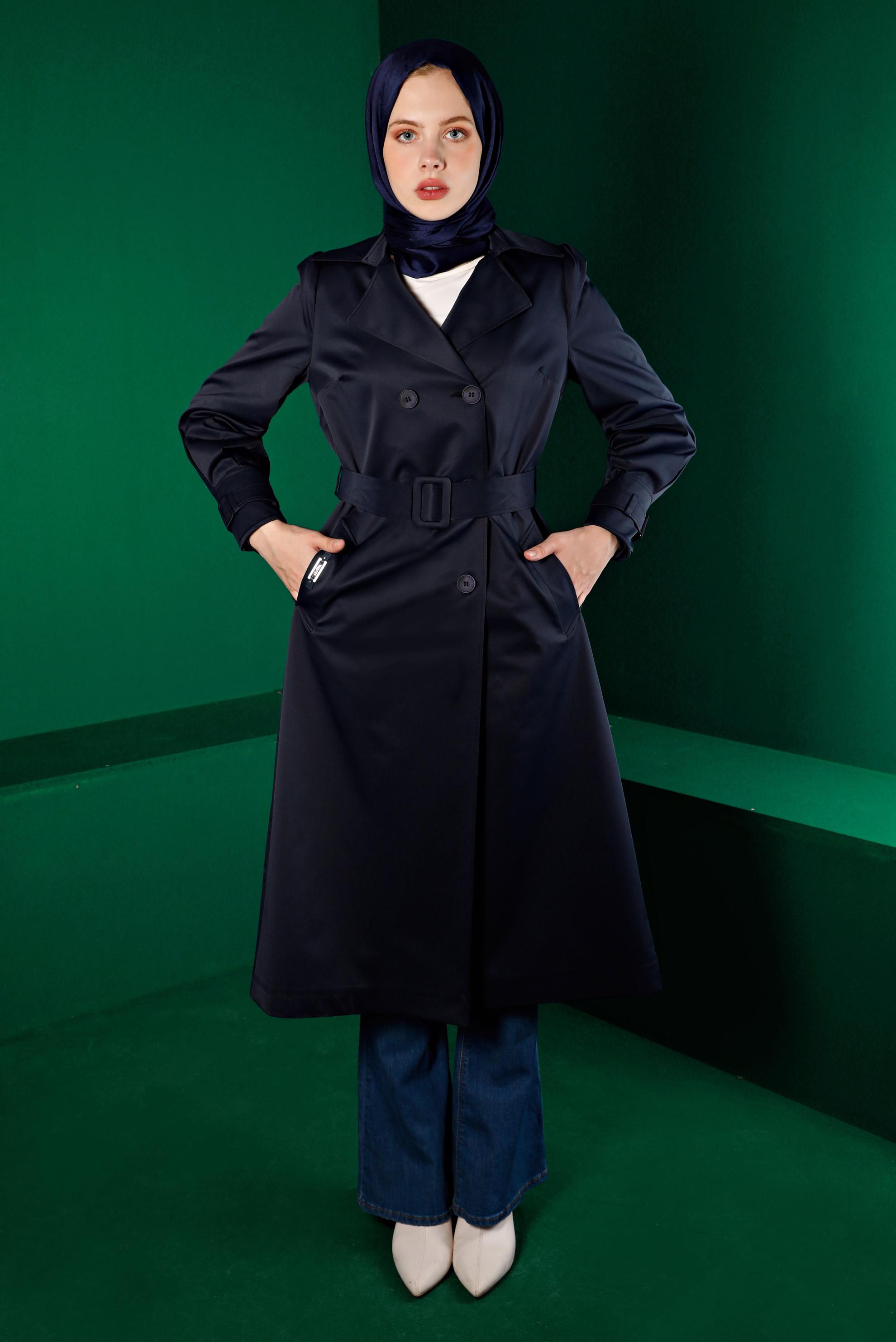 Hijab clothing NAVY BLUE BELTED BUTTONED TRENCH COAT 10667 