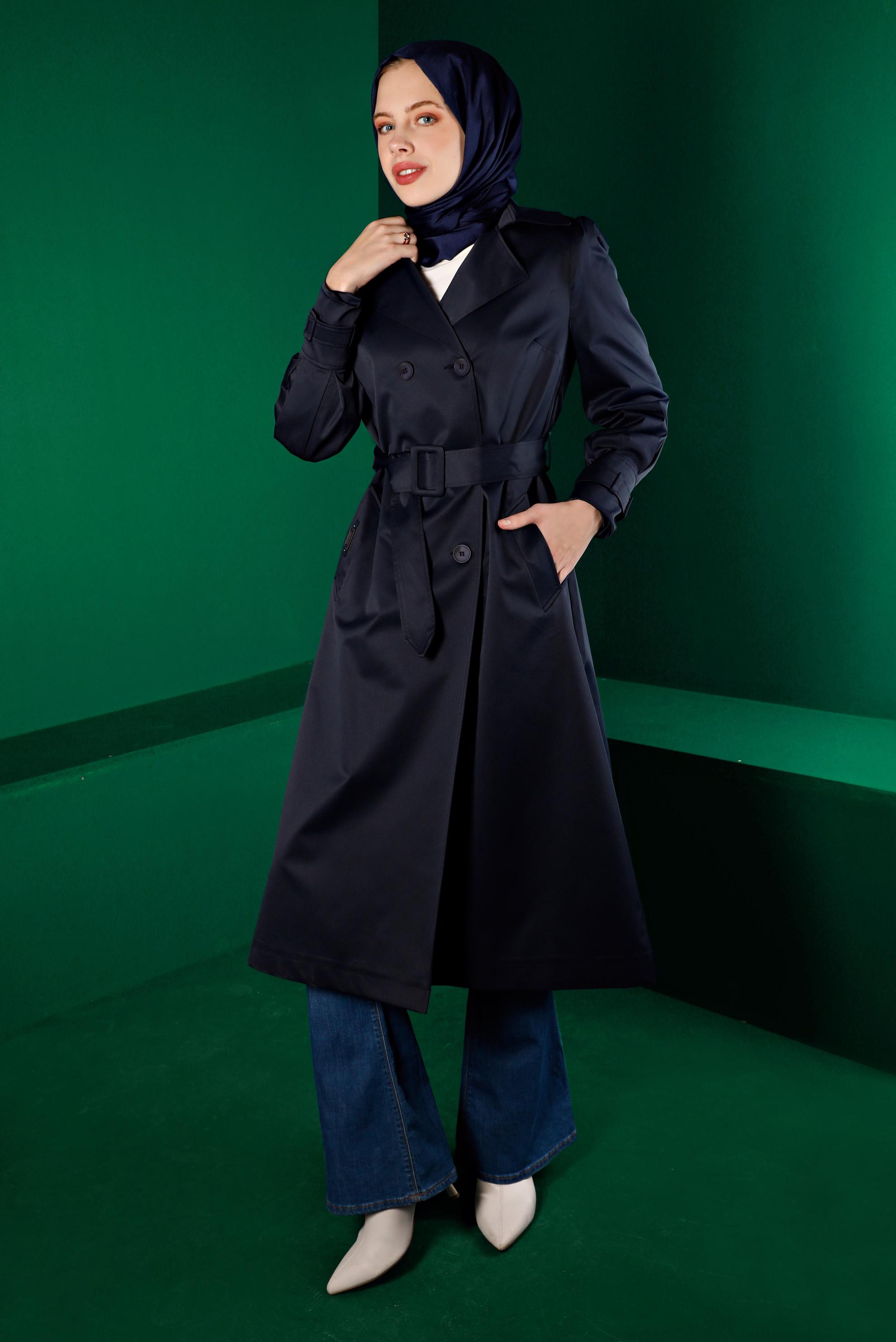 Hijab clothing NAVY BLUE BELTED BUTTONED TRENCH COAT 10667 