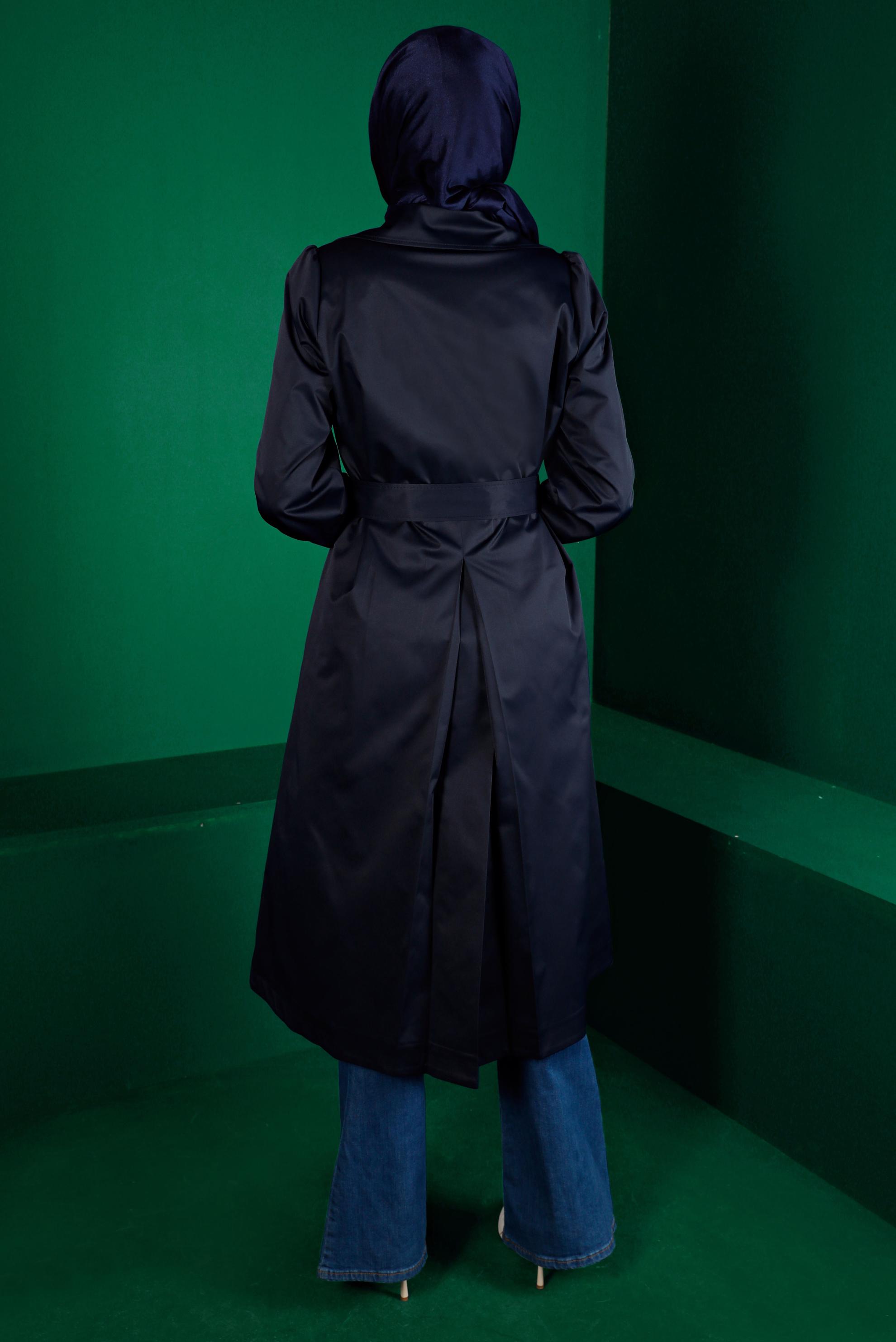 Hijab clothing NAVY BLUE BELTED BUTTONED TRENCH COAT 10667 