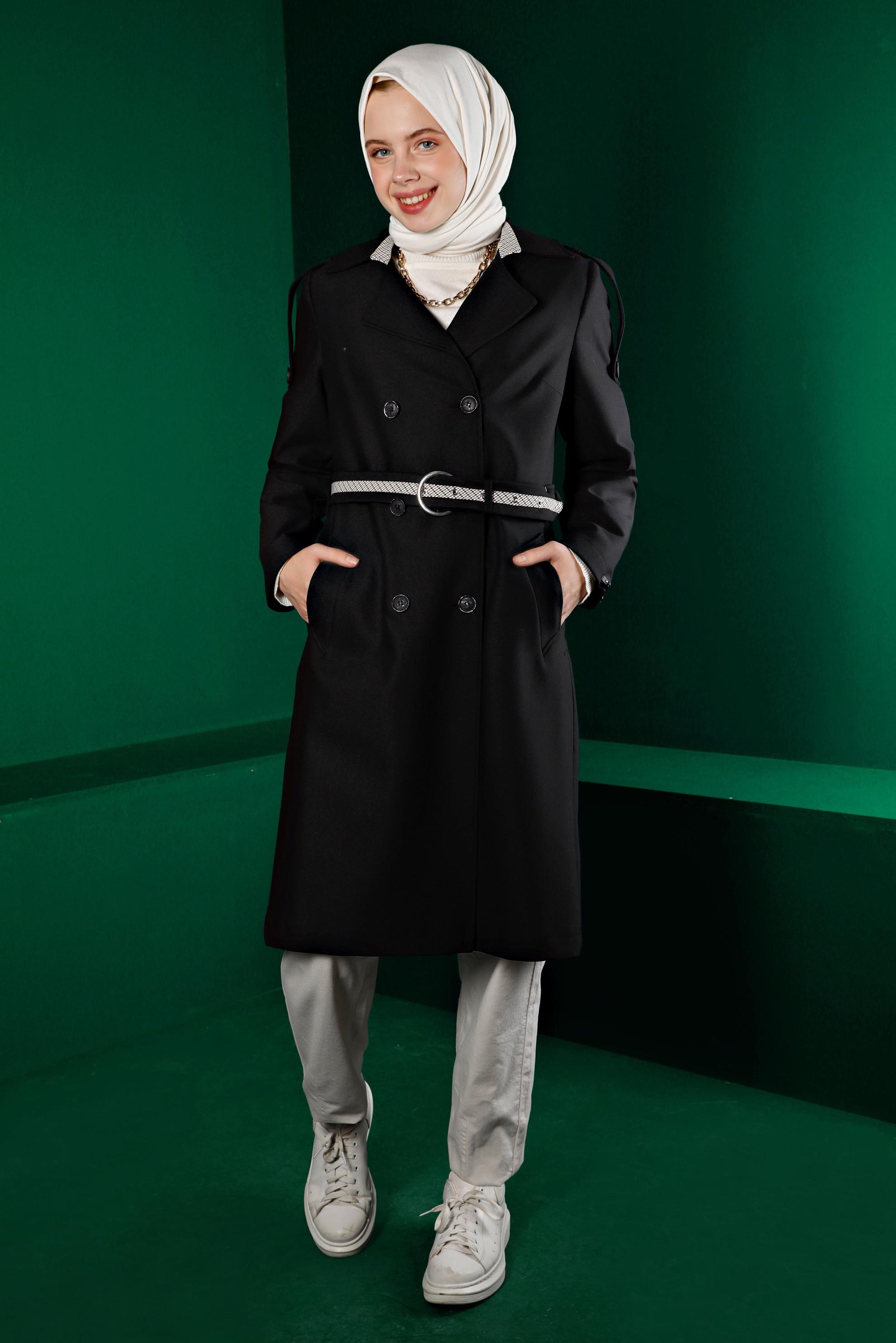 Tesettür giyim SİYAH EKOSE KEMERLİ DÜĞMELİ TRENÇKOT 10668 