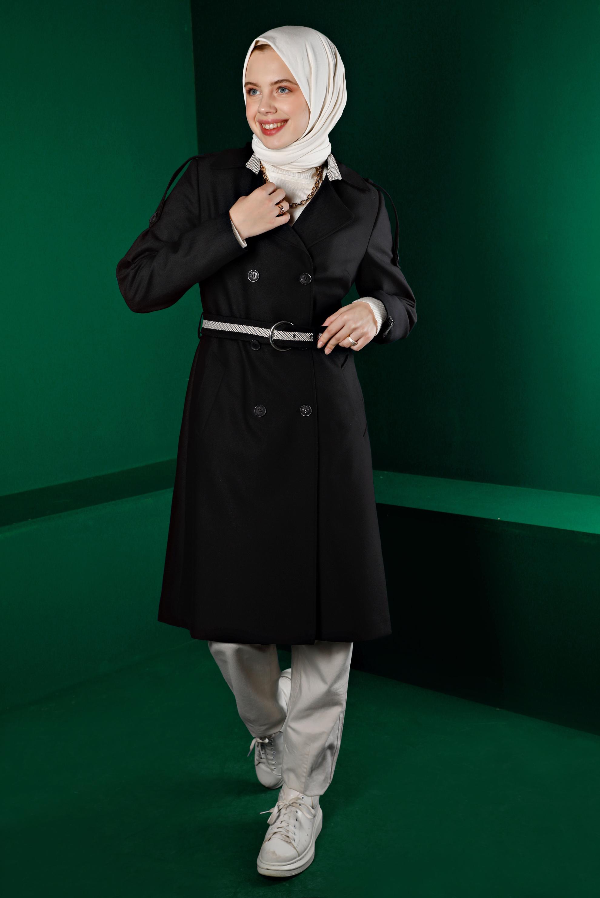 Tesettür giyim SİYAH EKOSE KEMERLİ DÜĞMELİ TRENÇKOT 10668 