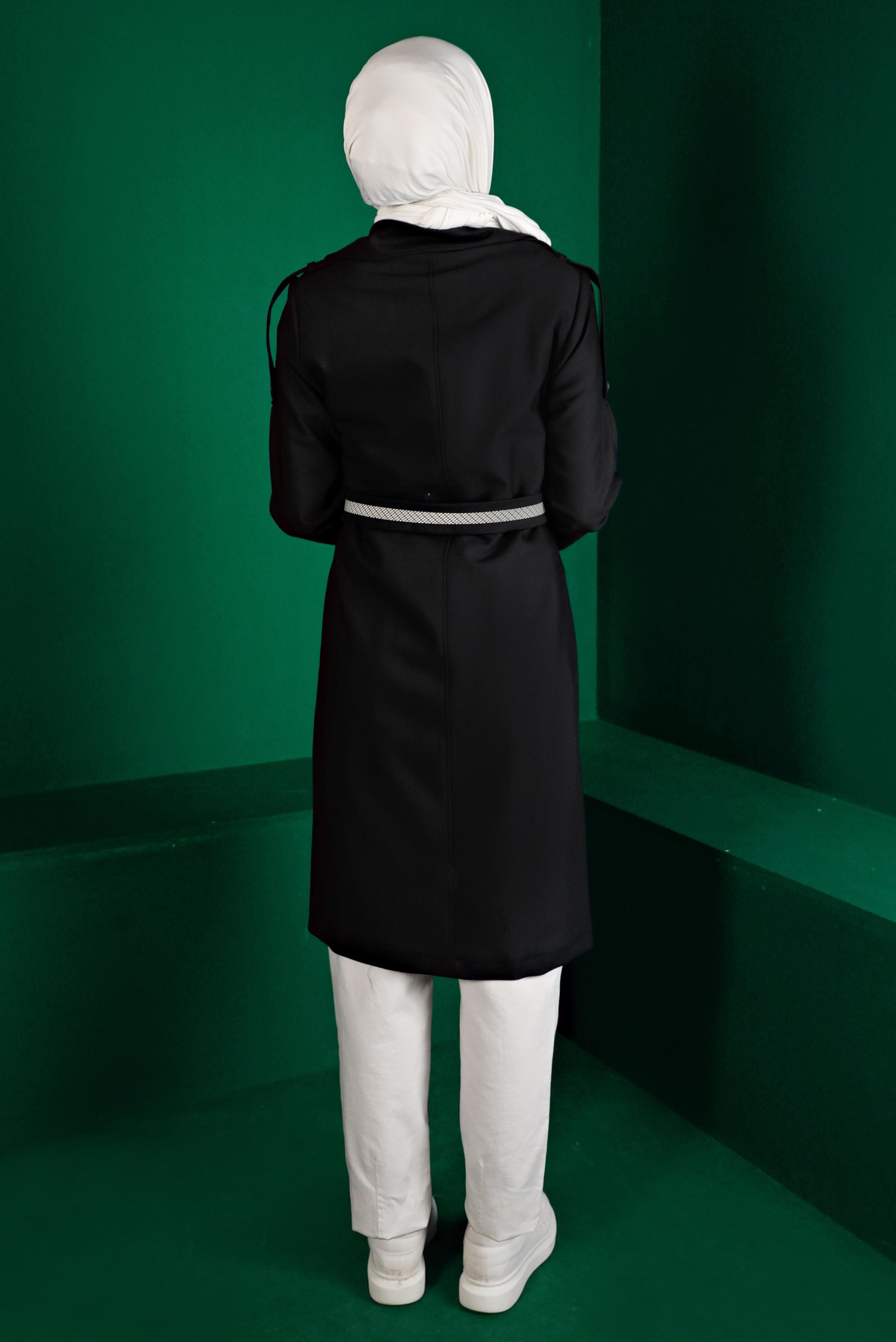 Tesettür giyim SİYAH EKOSE KEMERLİ DÜĞMELİ TRENÇKOT 10668 