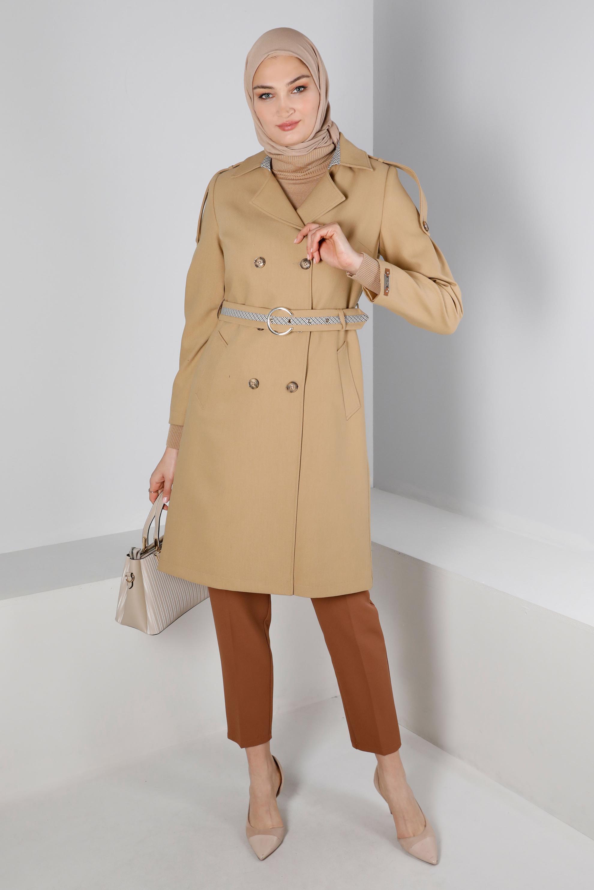Tesettür giyim KAHVE EKOSE KEMERLİ DÜĞMELİ TRENÇKOT 10668 