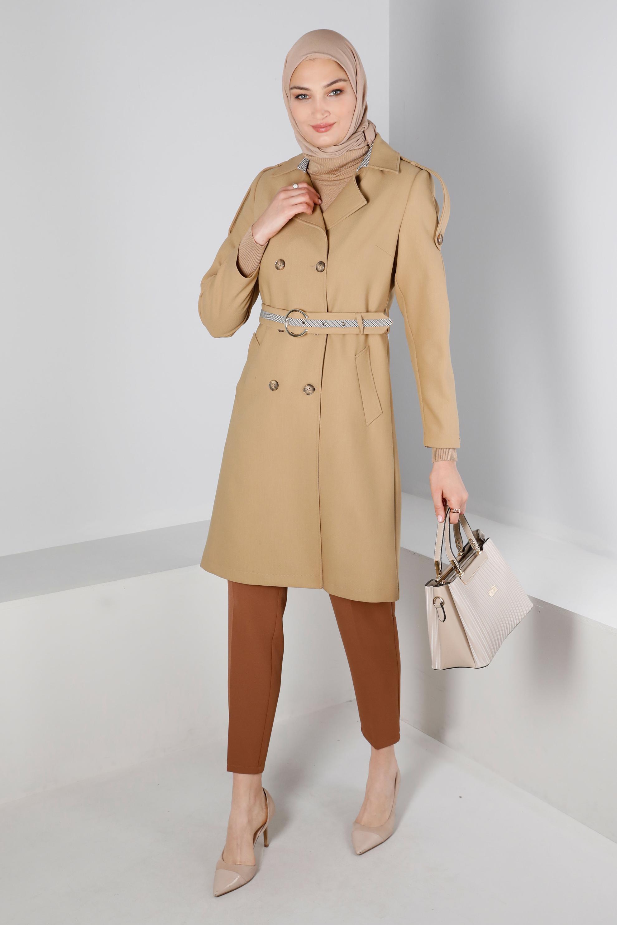Tesettür giyim KAHVE EKOSE KEMERLİ DÜĞMELİ TRENÇKOT 10668 