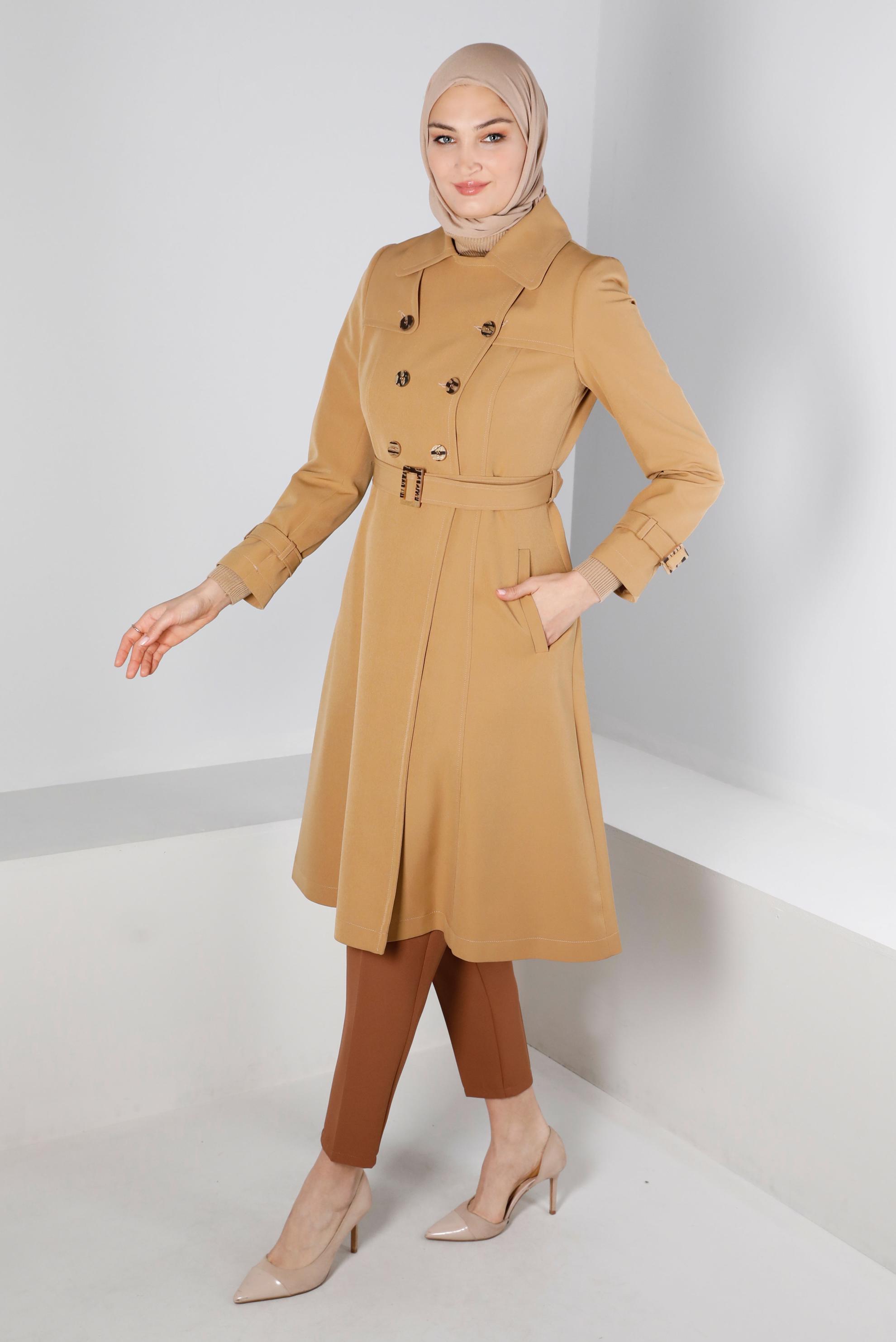 Tesettür giyim KAHVE MANŞETLERİ KEMERLİ DÜĞMELİ TRENÇKOT 10669