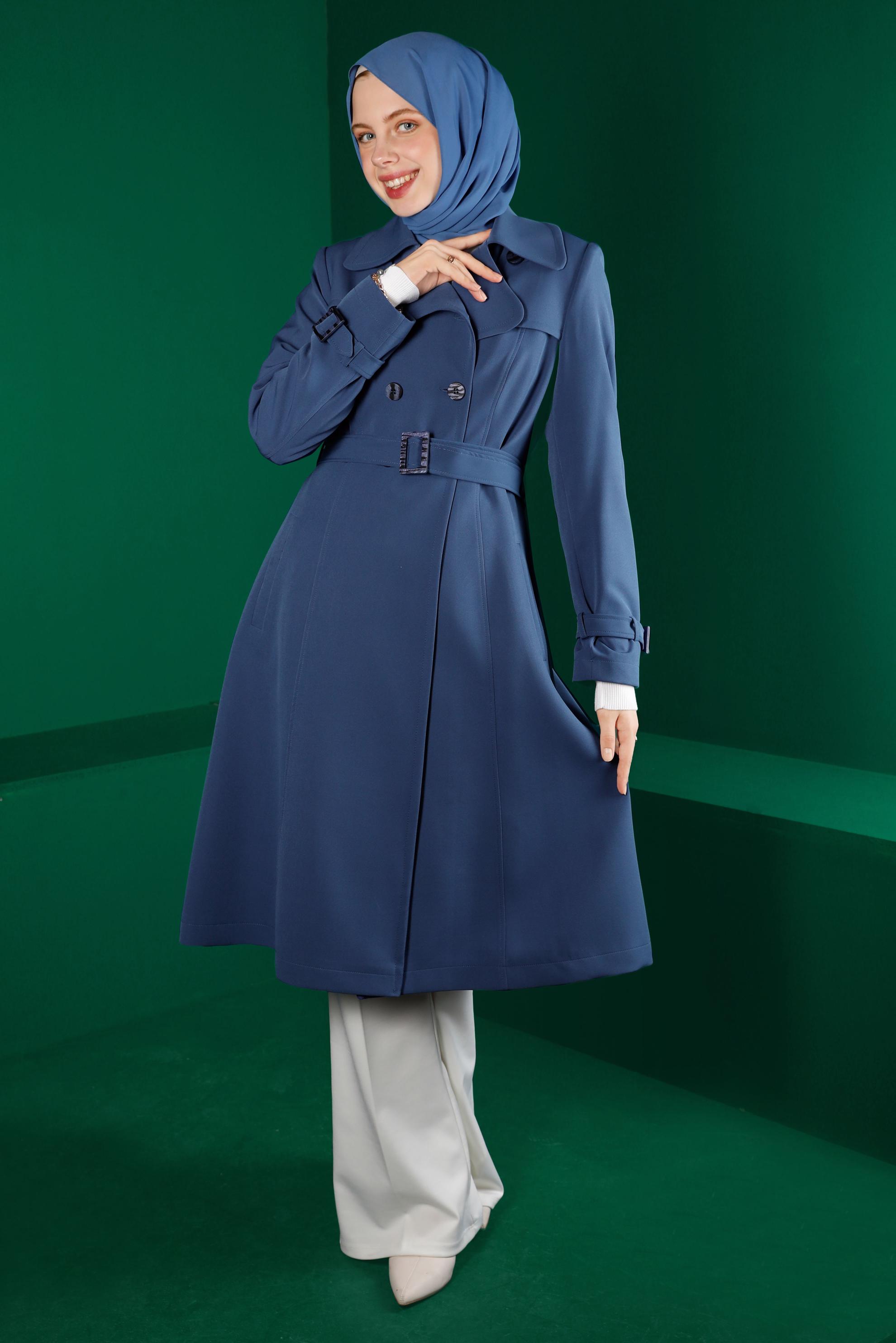 Tesettür giyim LACİVERT MANŞETLERİ KEMERLİ DÜĞMELİ TRENÇKOT 10669