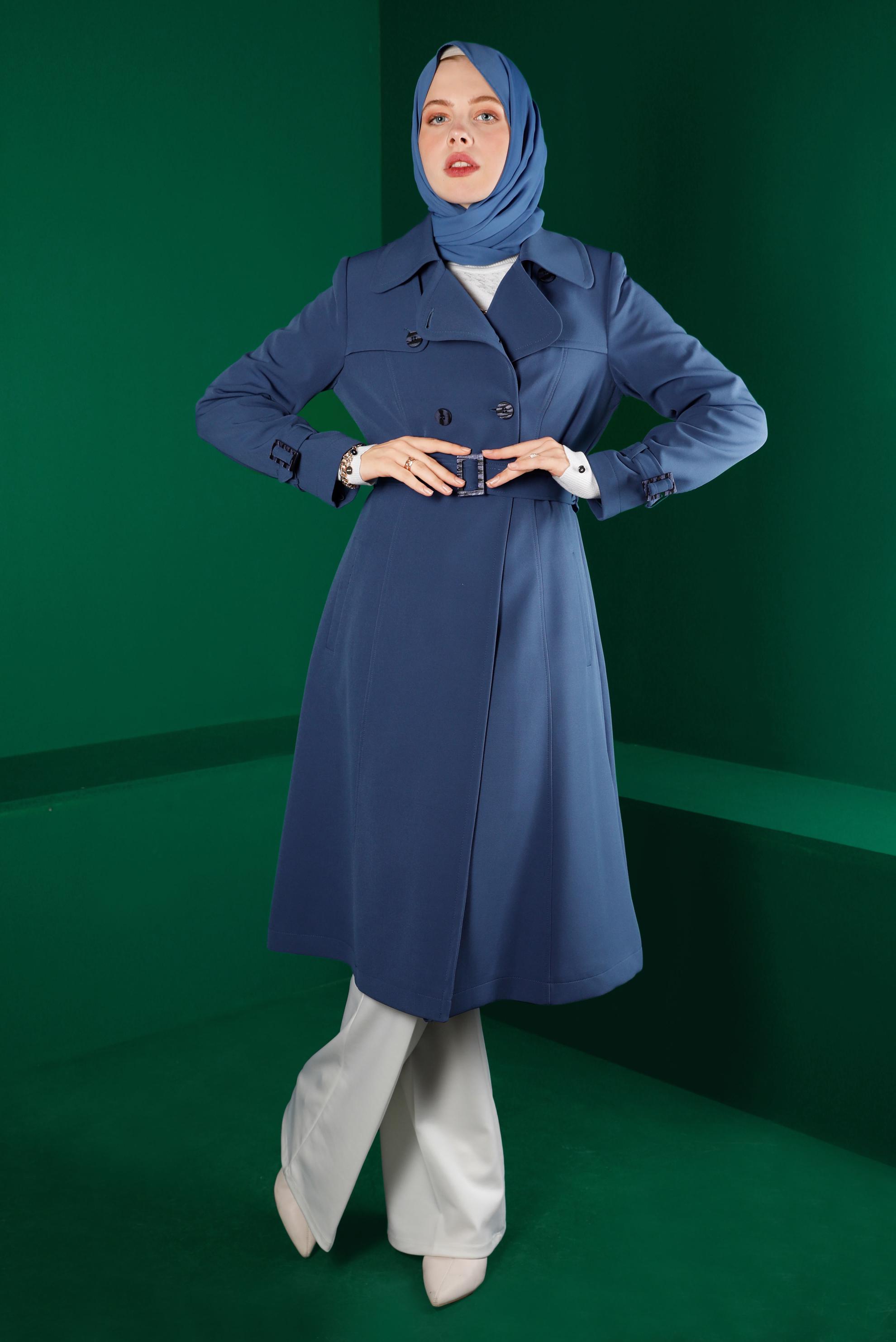 Tesettür giyim LACİVERT MANŞETLERİ KEMERLİ DÜĞMELİ TRENÇKOT 10669