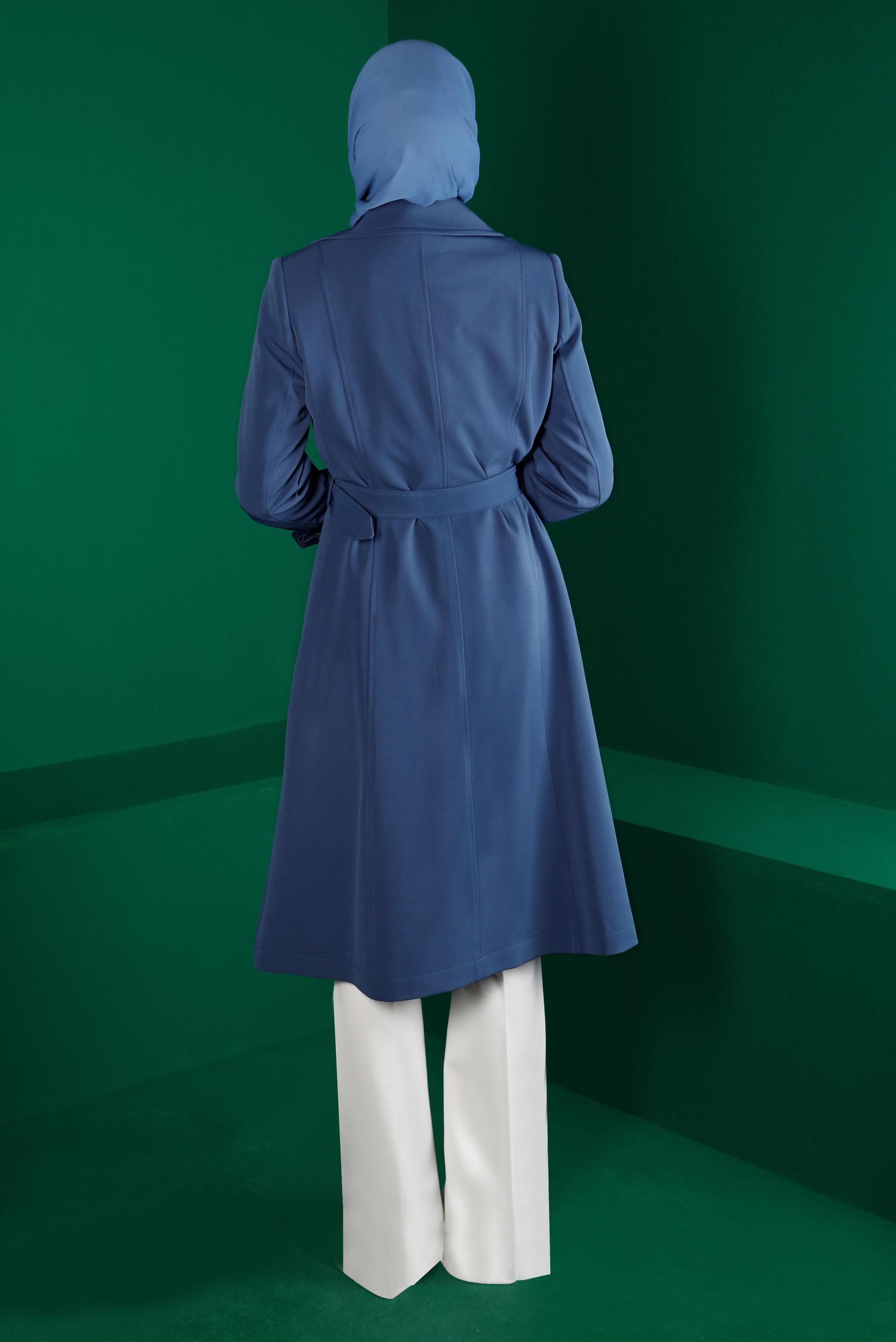 Tesettür giyim LACİVERT MANŞETLERİ KEMERLİ DÜĞMELİ TRENÇKOT 10669